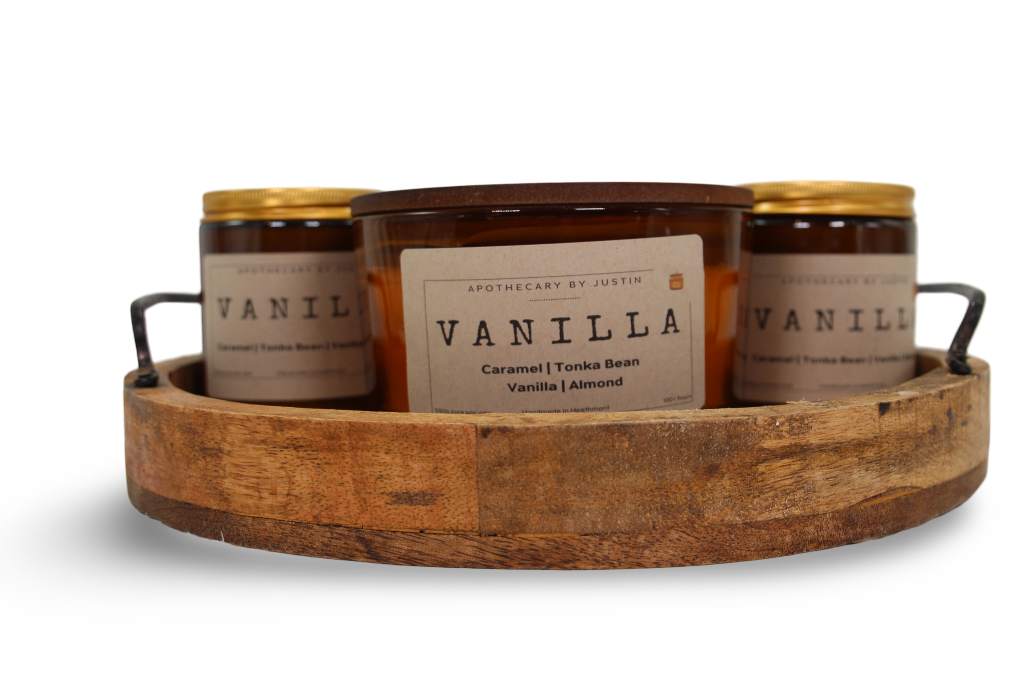 Vanilla Candles in a Rustic Tray, Offering Additive-Free Home Fragrance with Rich Scents