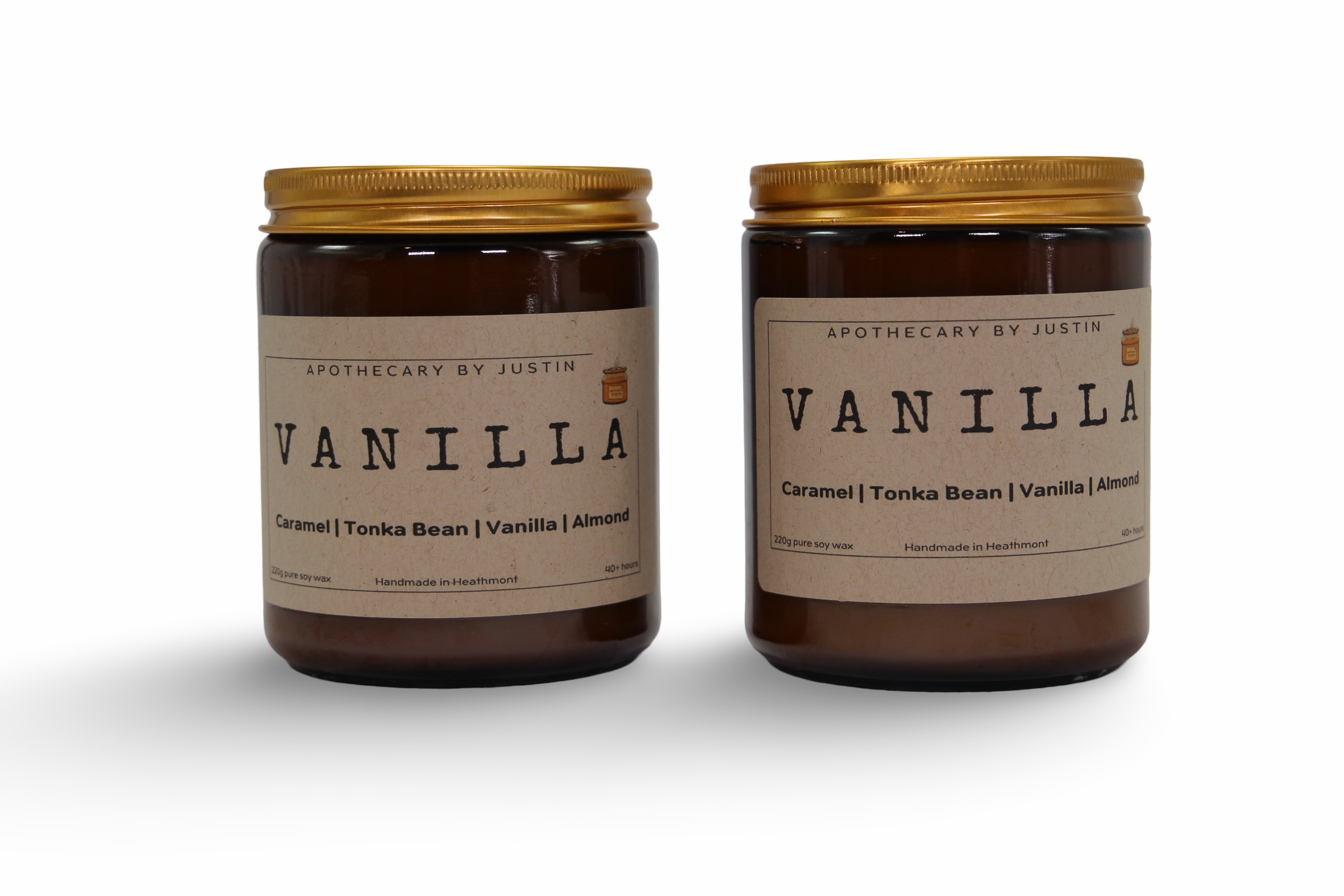 Vanilla candles featuring caramel, tonka bean, and almond, offering additive-free home fragrance.