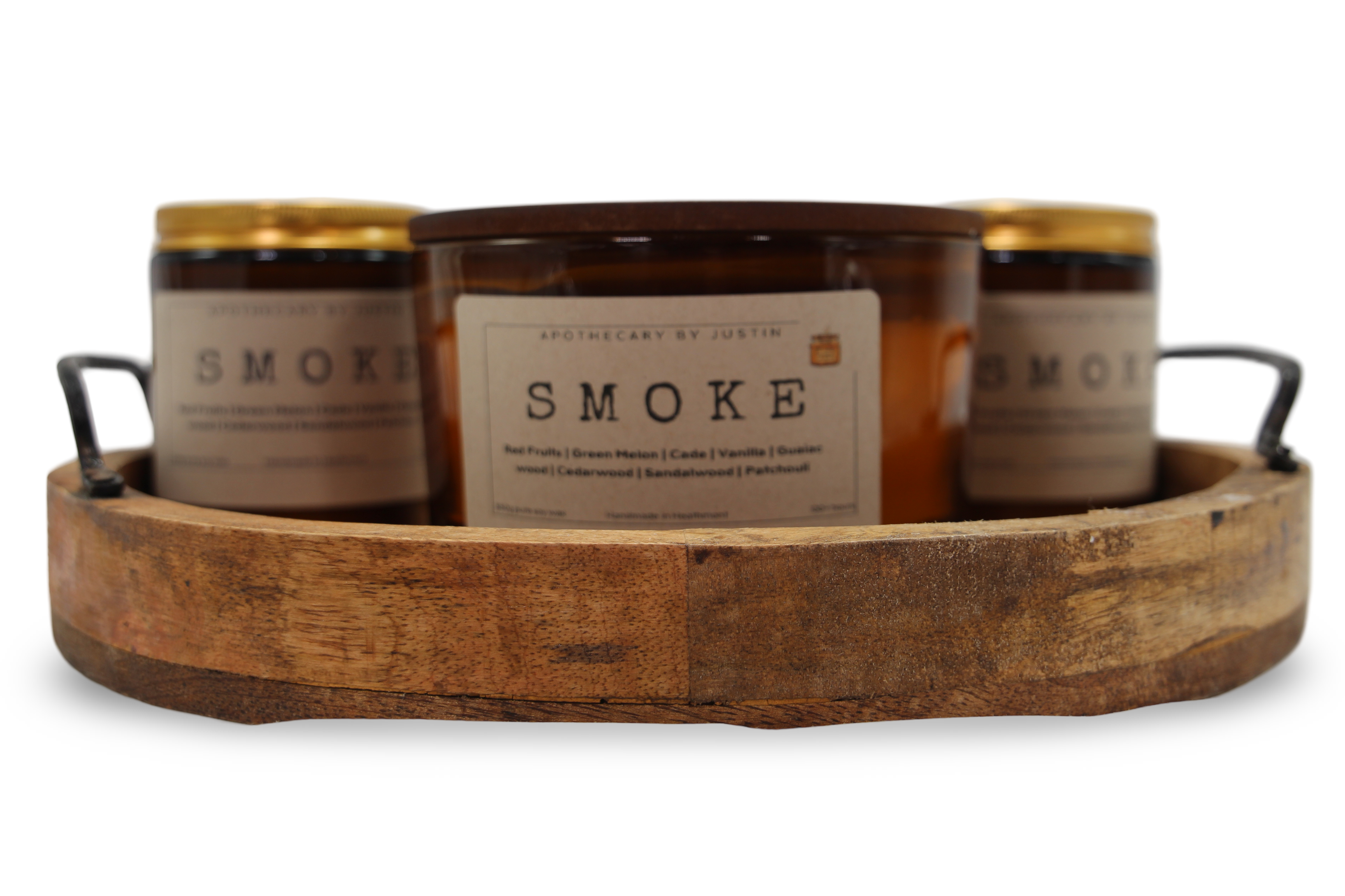 Collection of My Store additive-free soy wax candles in a wooden tray for a cozy atmosphere