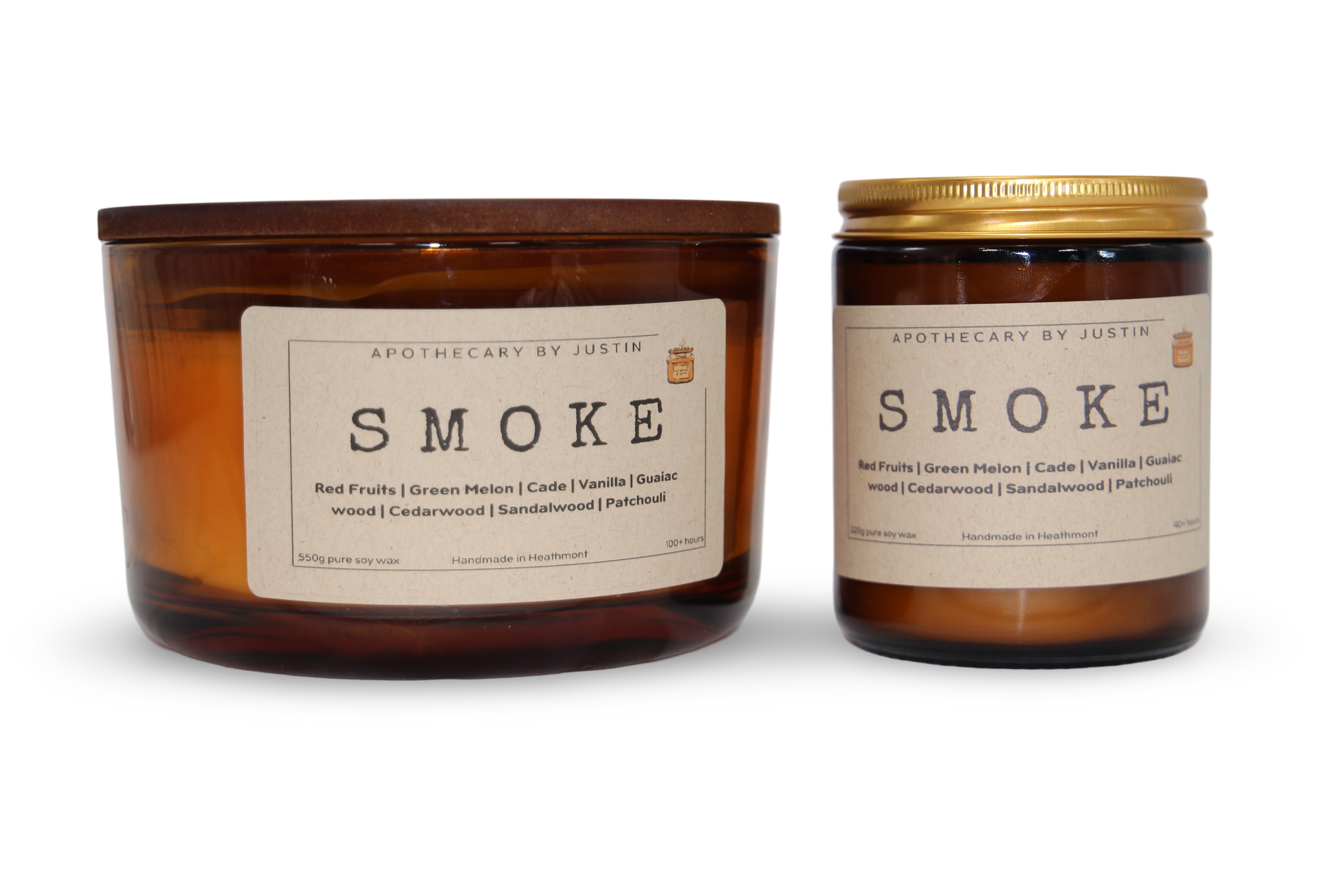 Additive-free soy wax candle in amber glass jars with woodsy scents of red fruits and green melon