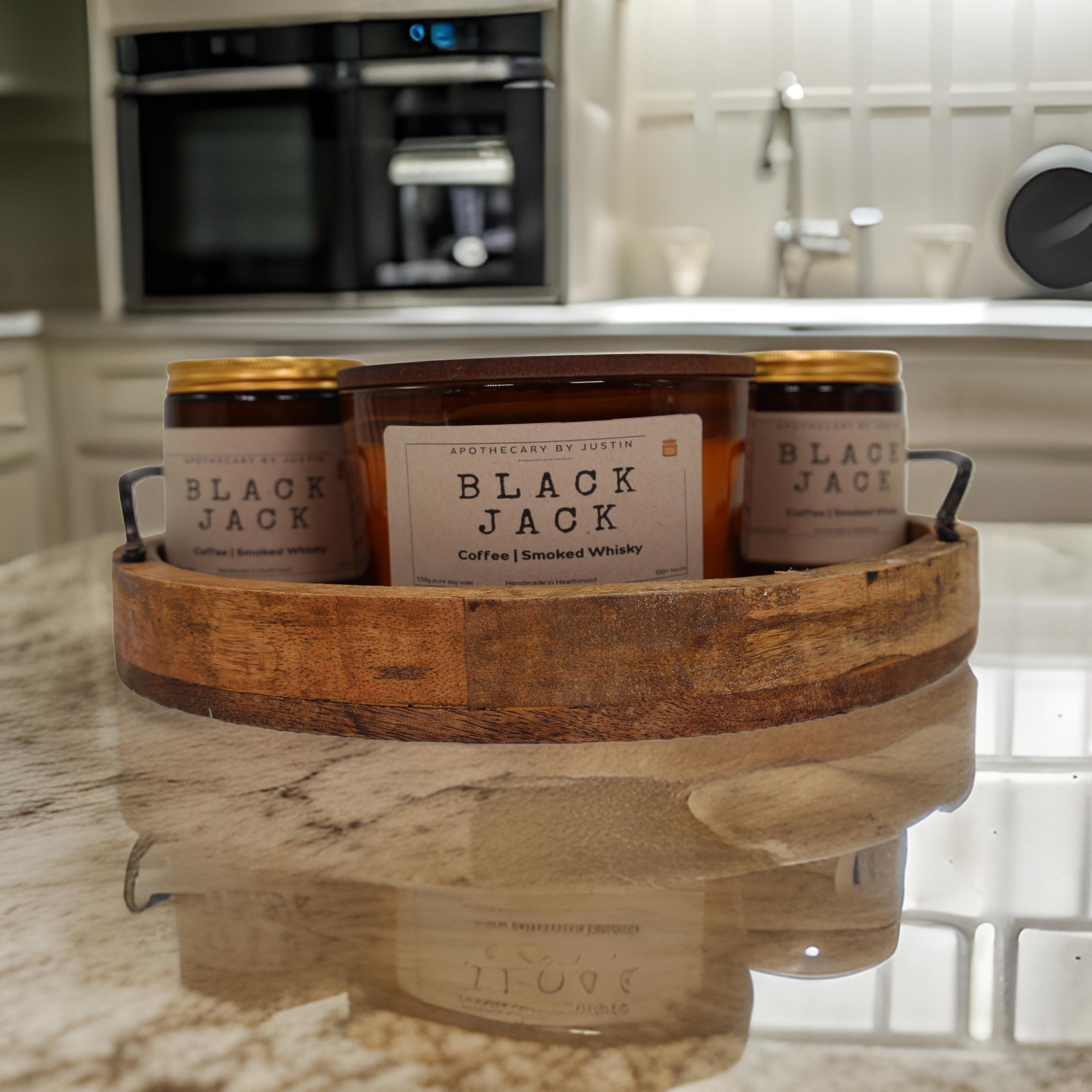 Black Jack Candle Set featuring coffee whiskey home fragrance in stylish wooden tray