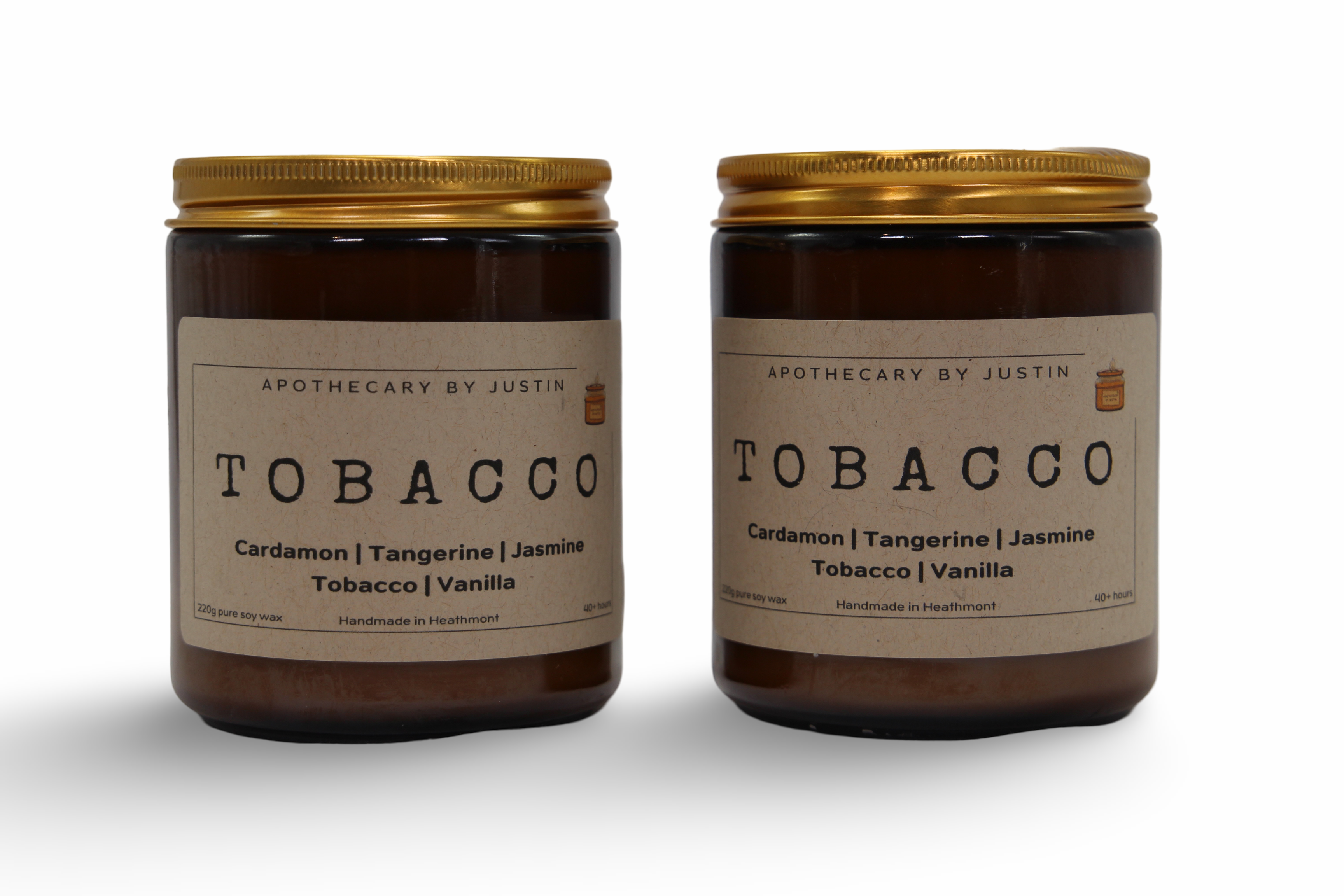 Two hand-poured aroma candles in Tobacco scent with notes of Cardamom and Jasmine