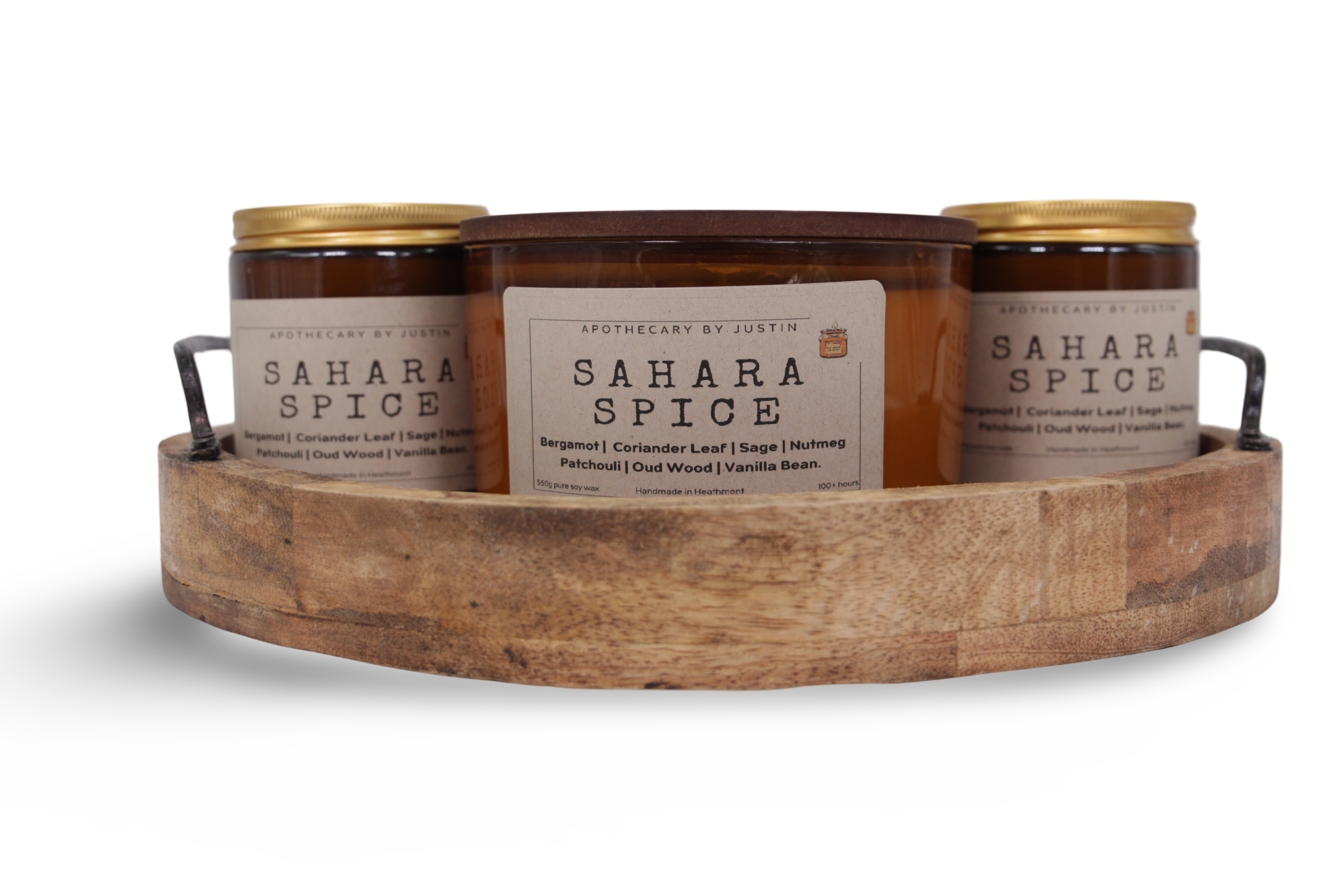 Set of Hand-Poured Aromatherapy Candles in Sahara Spice Scent with Wooden Tray for Home Fragrance