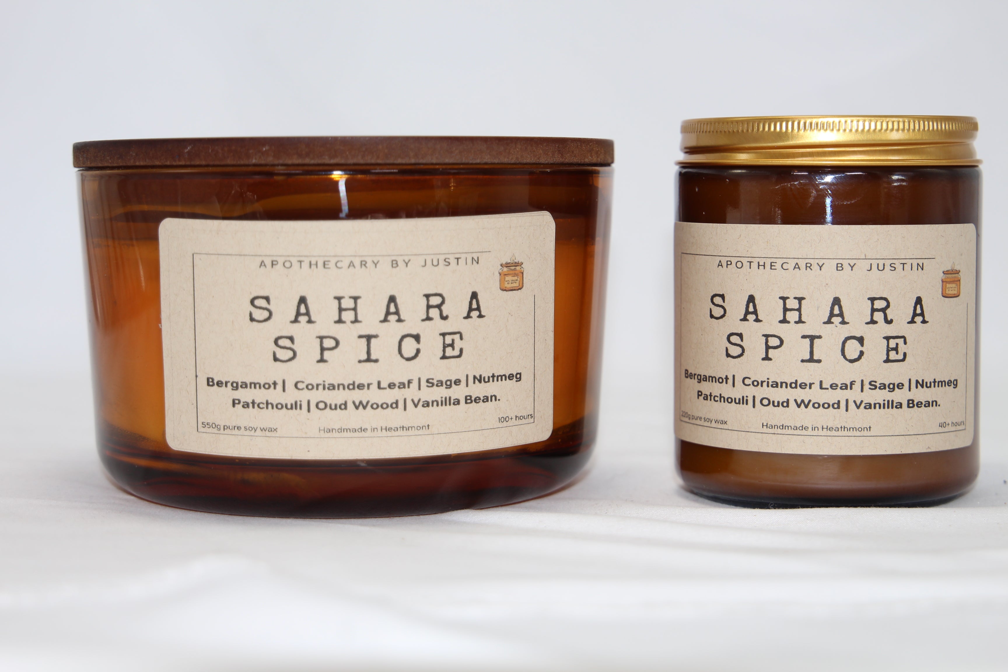 Sahara Spice hand-poured aromatherapy candle in amber jar with natural scent blend of spices and wood