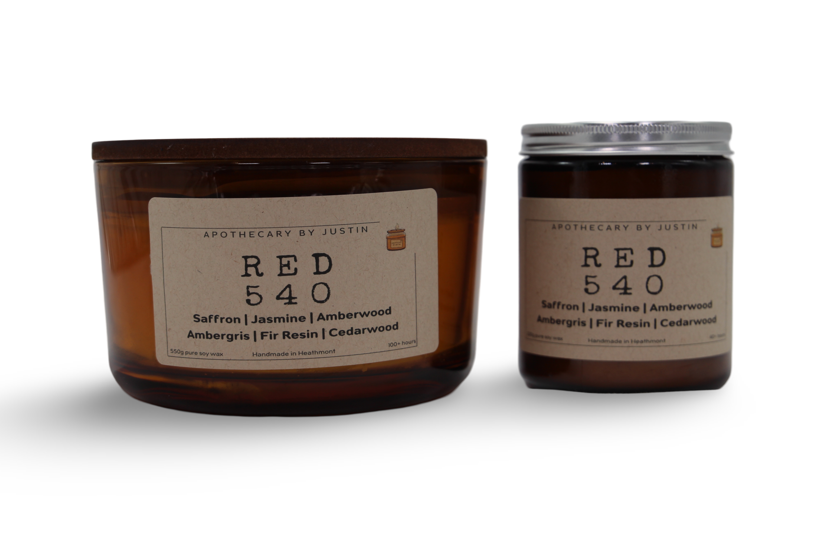 Hand-poured scented candle set featuring saffron, jasmine, and amberwood scents in amber jars