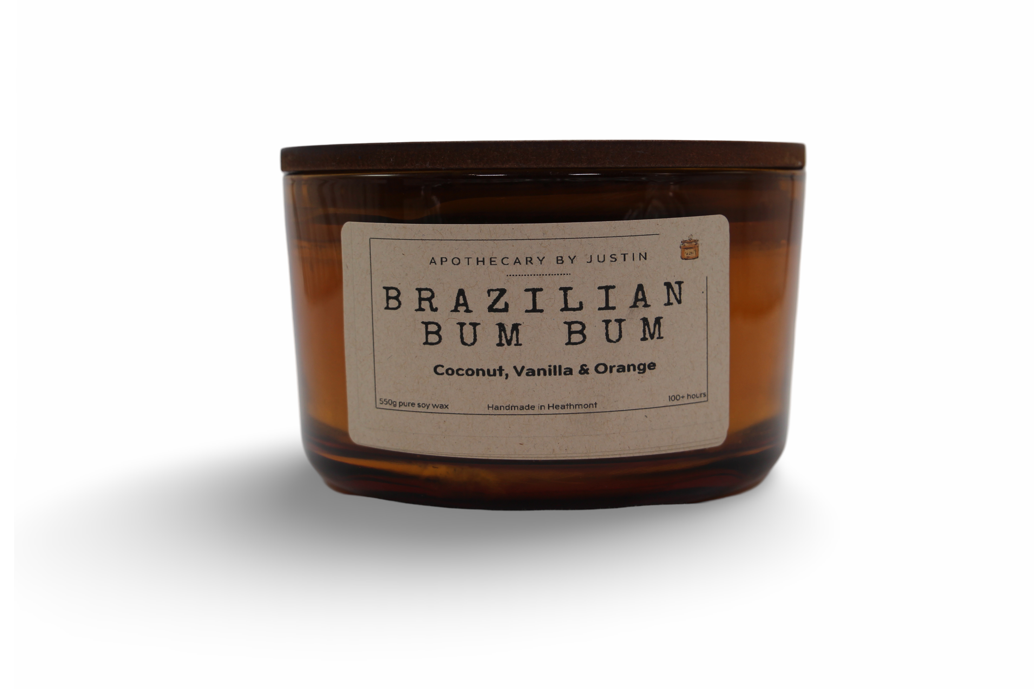 My Store Brazilian Bum Bum Candle with Coconut, Vanilla, and Orange in a clear glass container, ideal pure fragrance candles