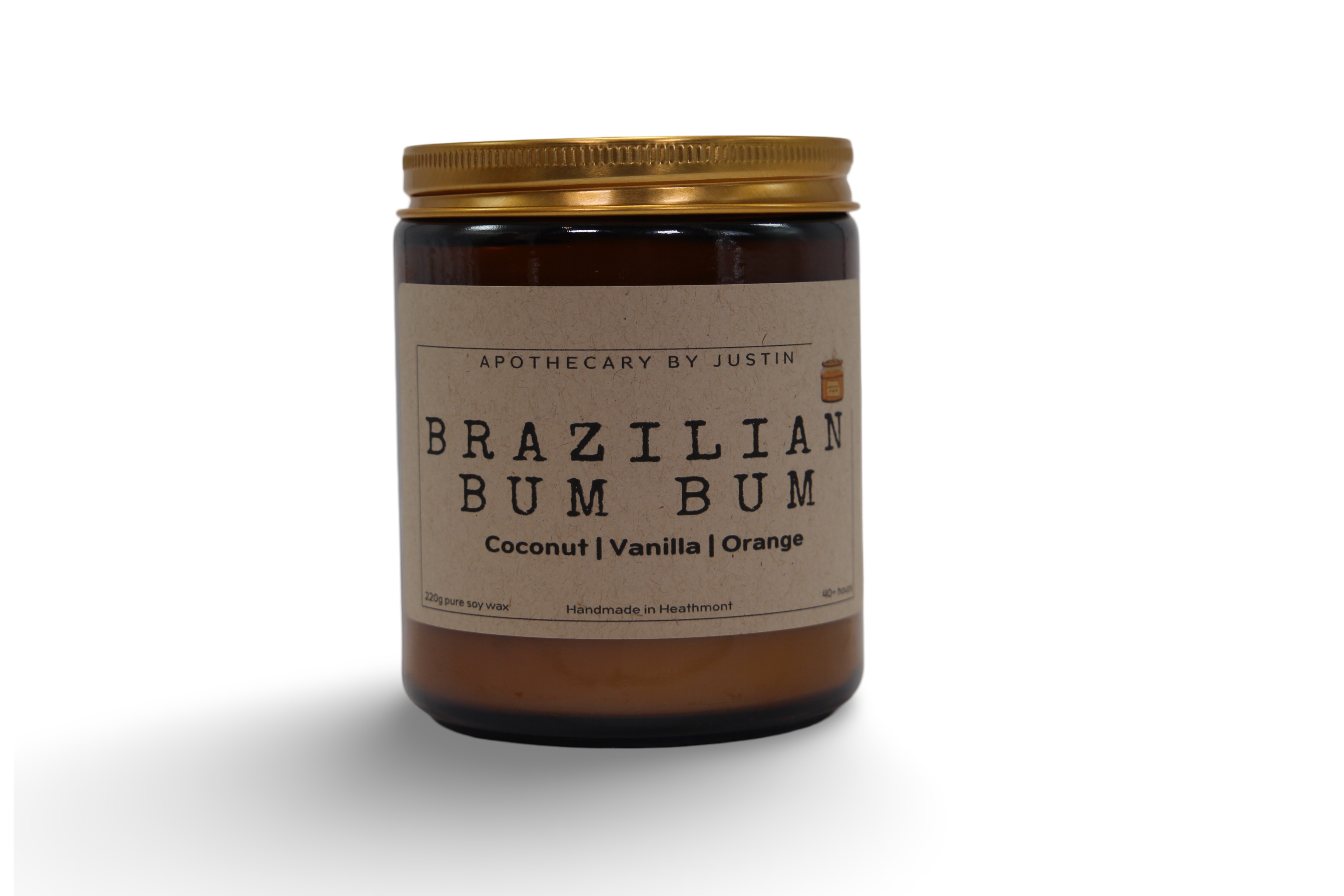 My Store Brazilian Bum Bum Candle with coconut, vanilla, and orange in a glass jar, pure fragrance candles