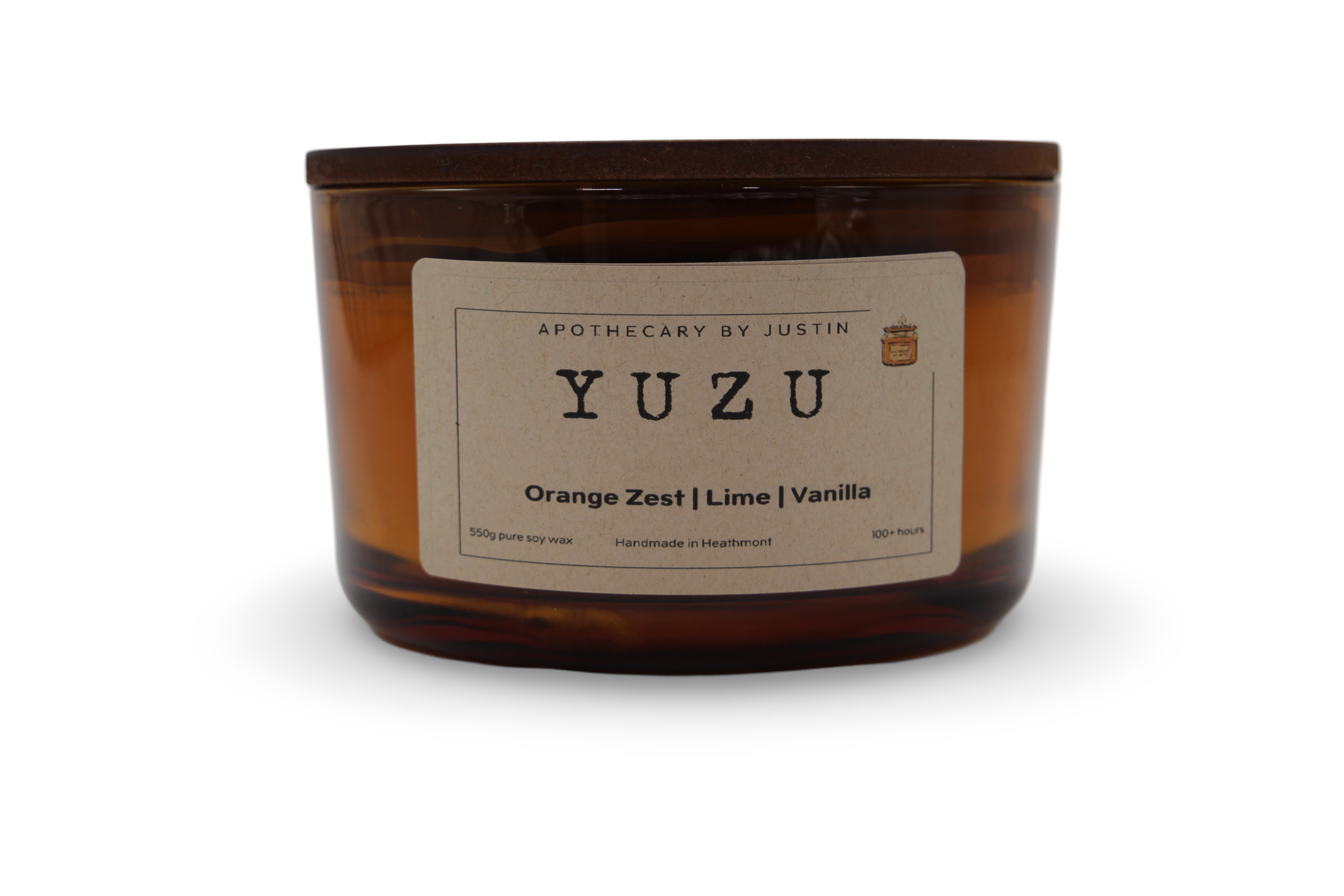 Yuzu scented candle in amber glass, featuring orange zest, lime, and vanilla, perfect for Mother's Day