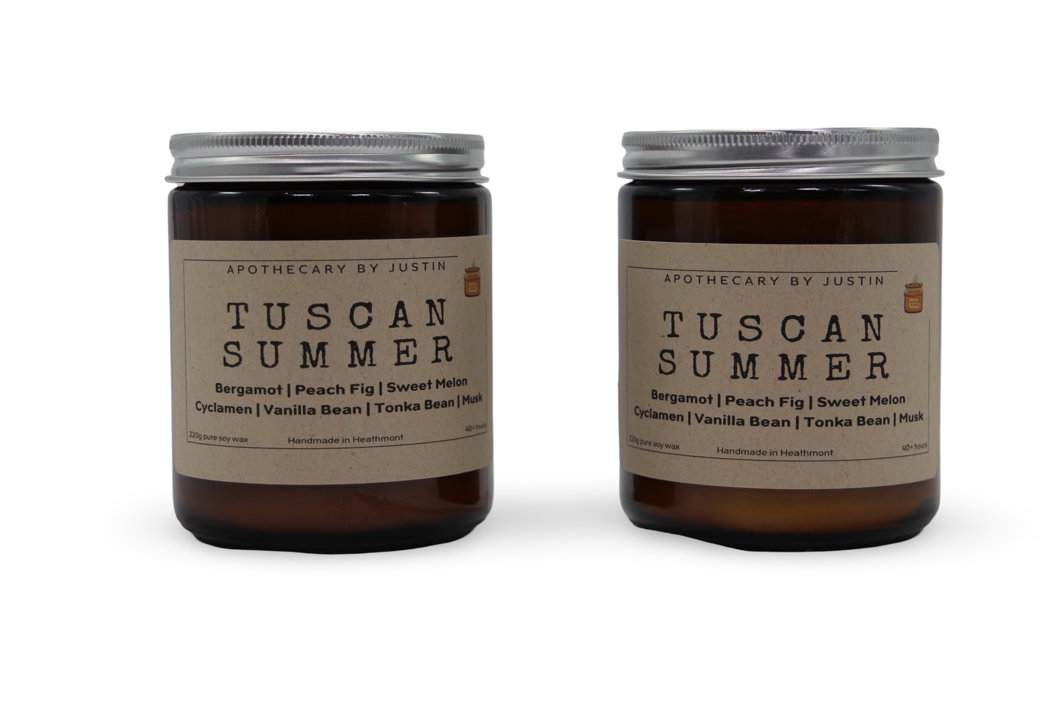 Tuscan Summer scented candles in jars featuring a strong hot-throw candle blend of bergamot and peach fig