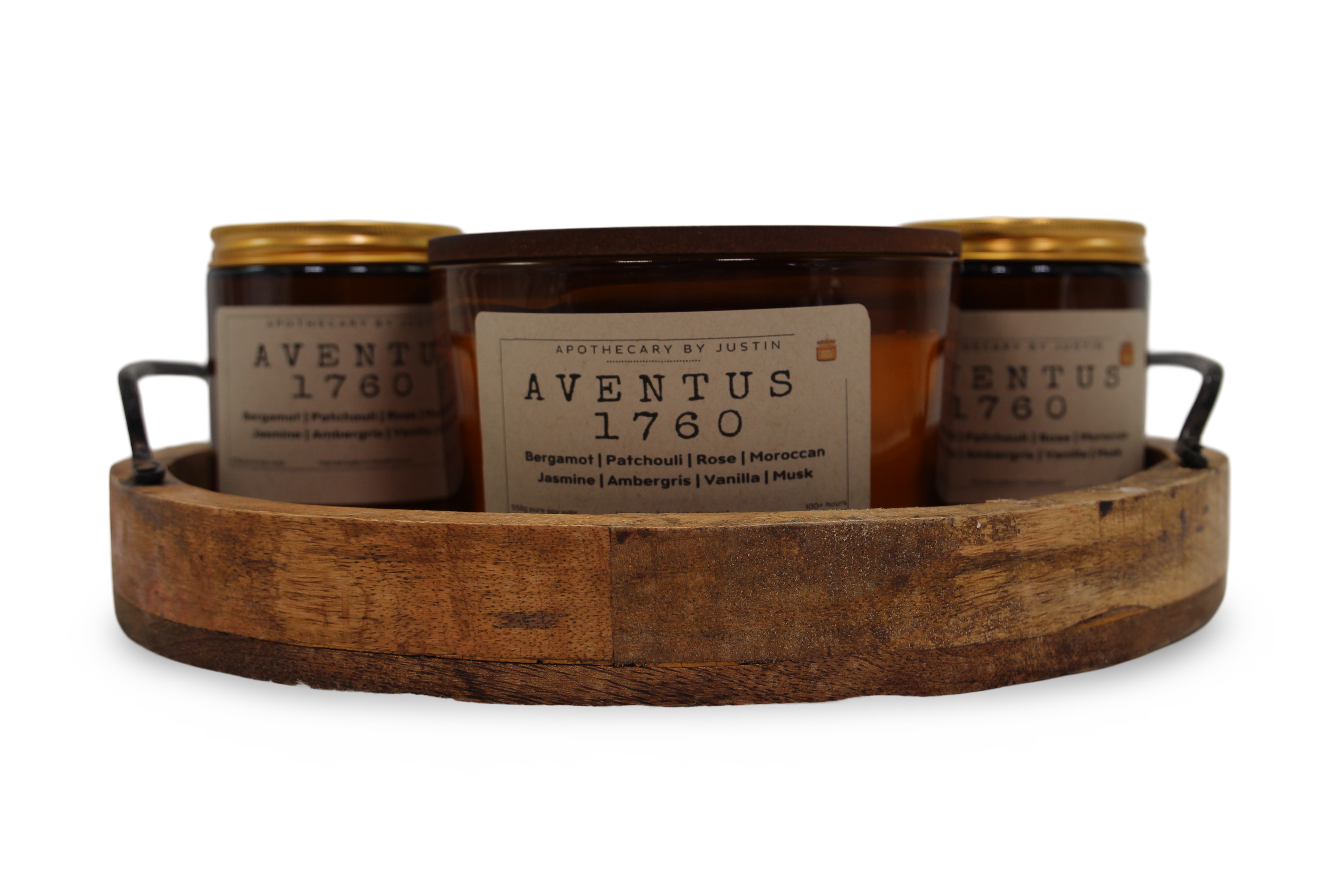 Aventus 1760 scented candles in a wooden tray showcasing strong hot-throw candles with rich fragrance blends