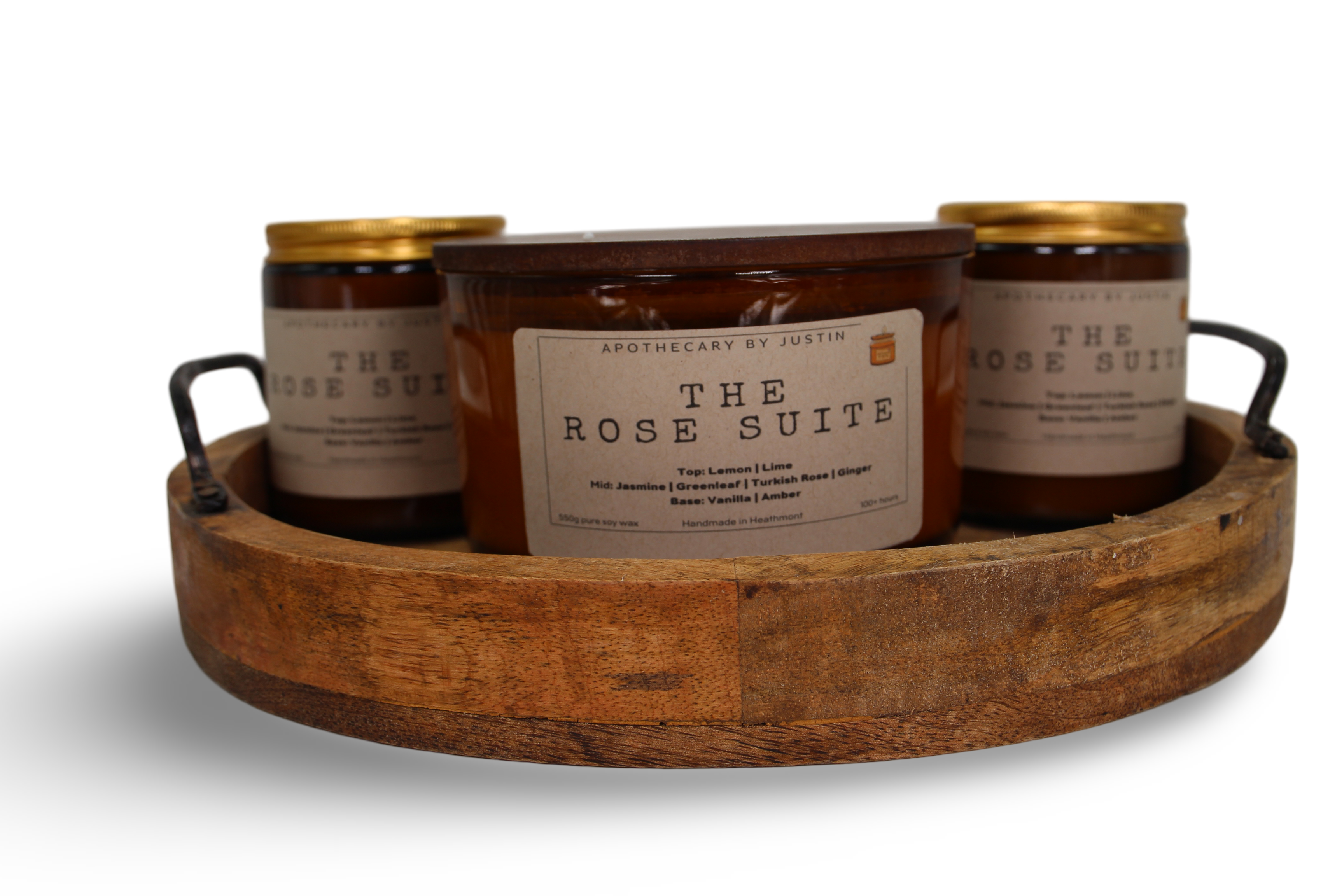 My Store strong hot-throw candles displayed in a wooden tray for a cozy ambiance