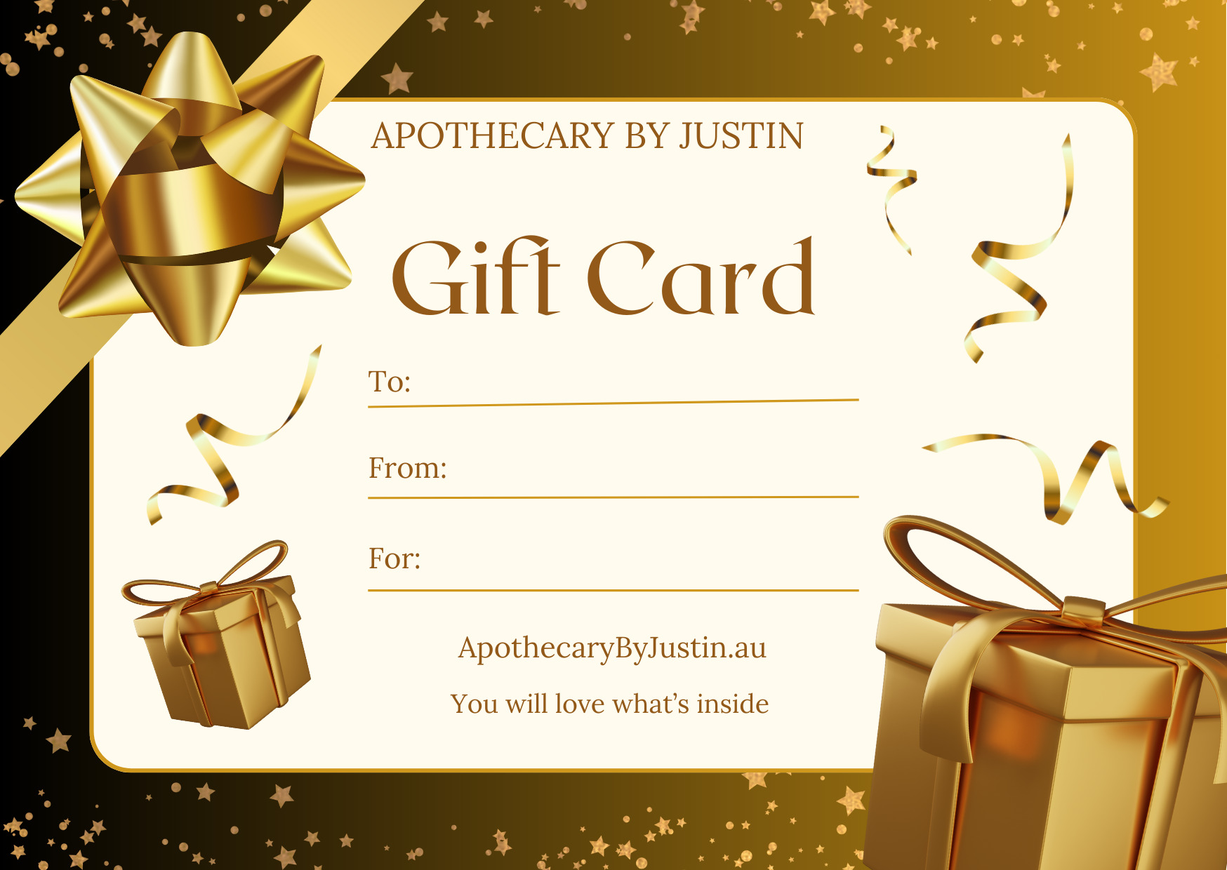 Gift Card designed for a unique occasion gift with festive decorations and a golden theme