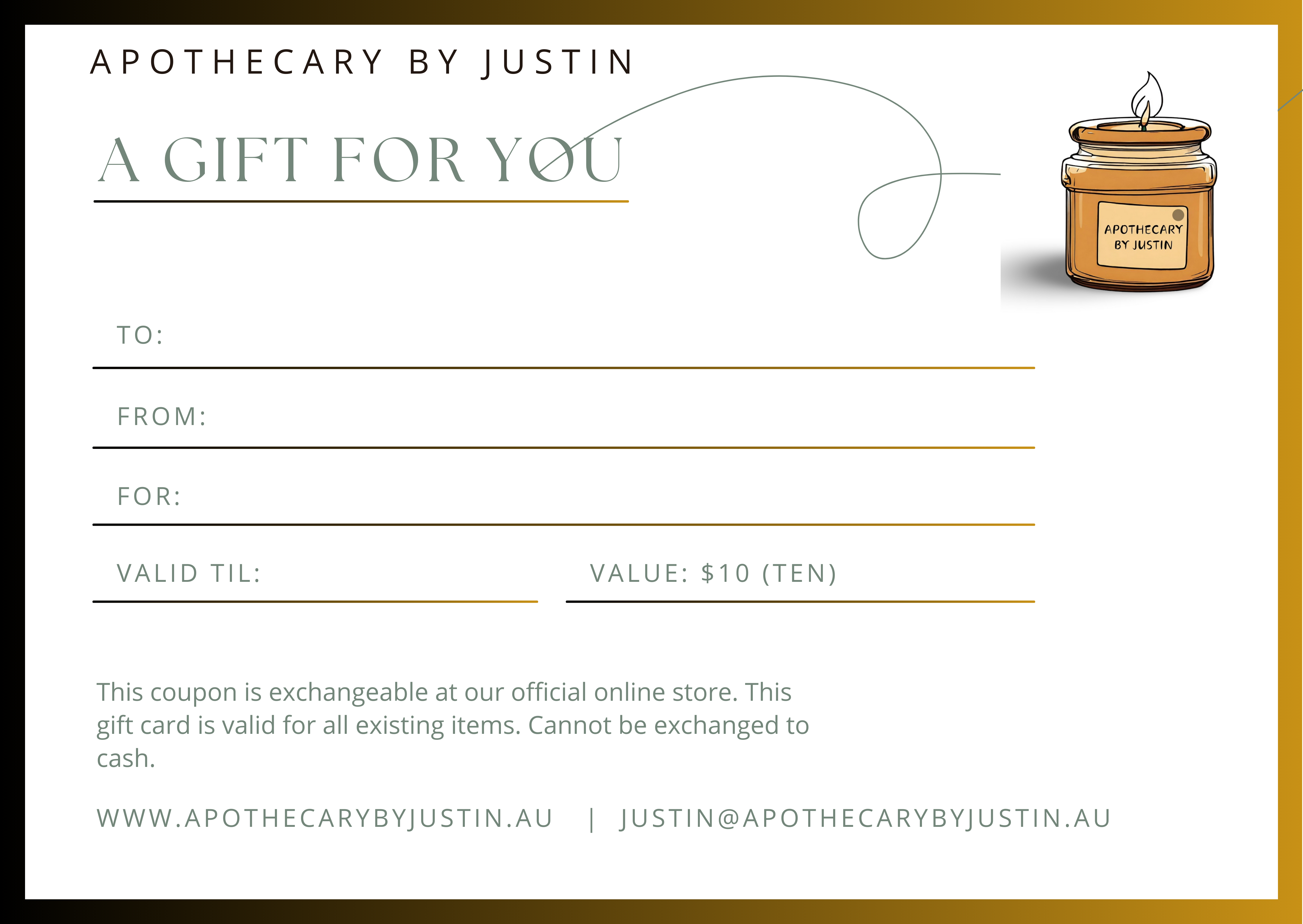 unique occasion gift card valued at $10 for shopping at Apothecary by Justin