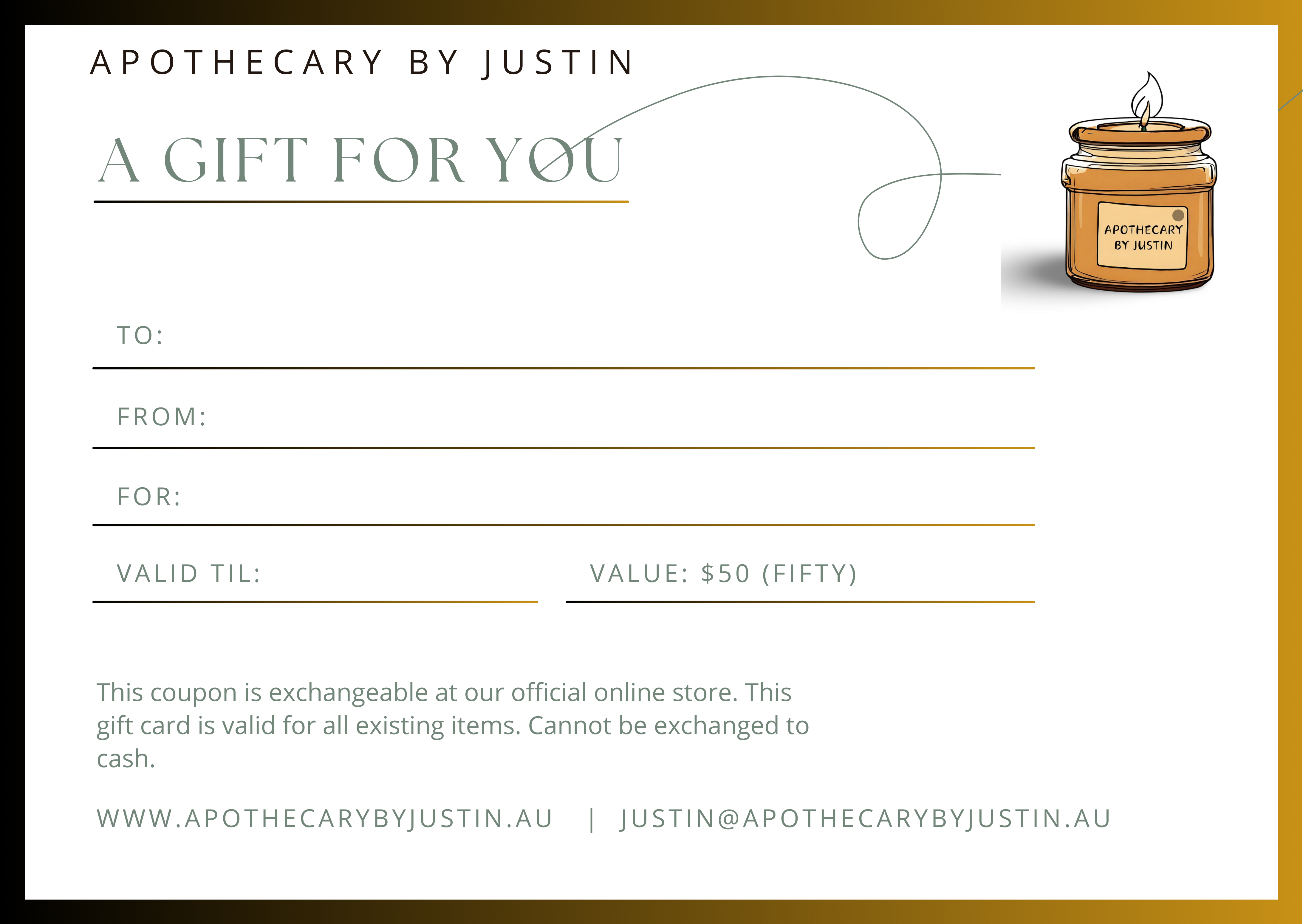 unique occasion gift card for Apothecary by Justin, valid for $50 at official online store