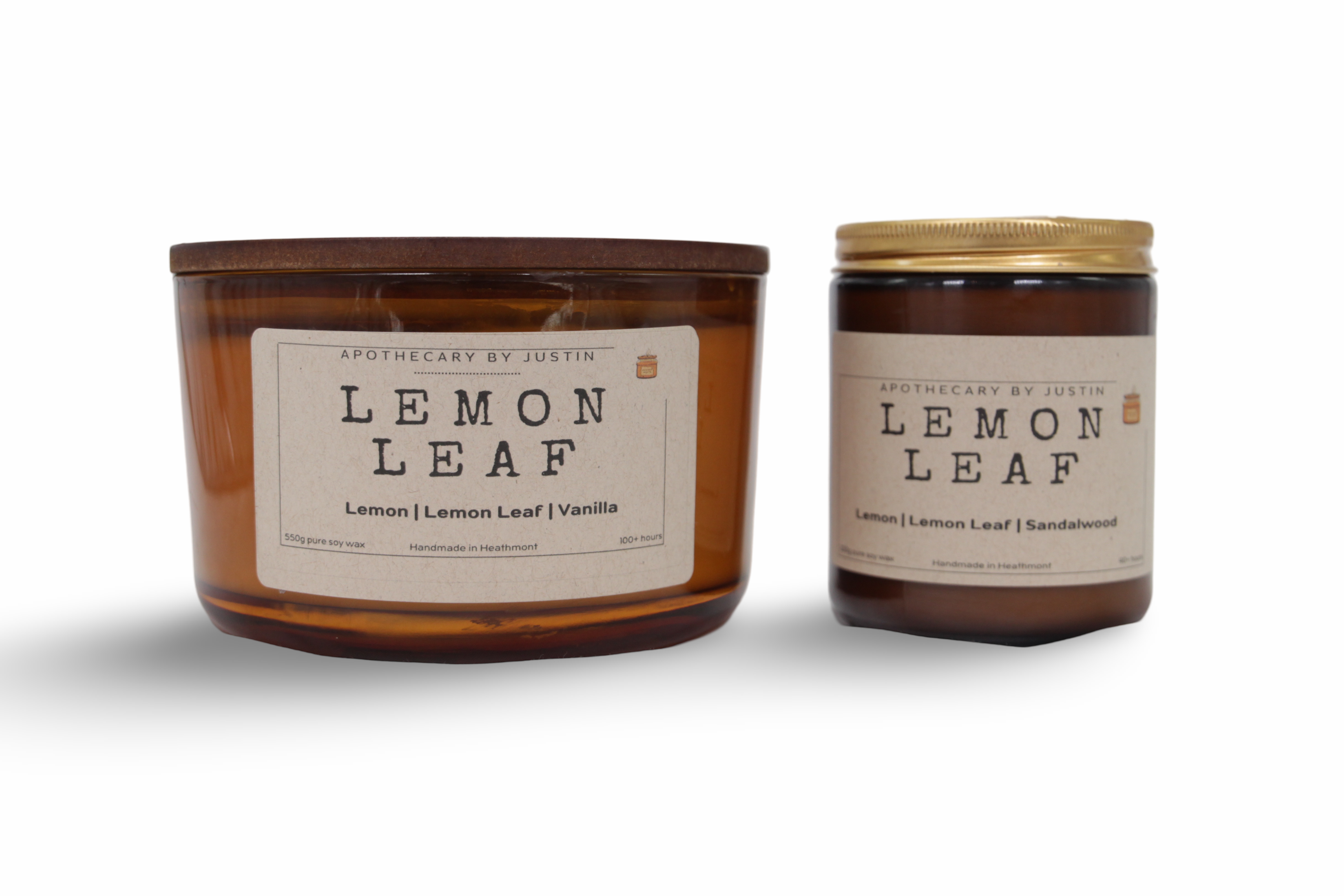 Vegan soy candle gift pack featuring Lemon Leaf and Vanilla scents in elegant amber jars