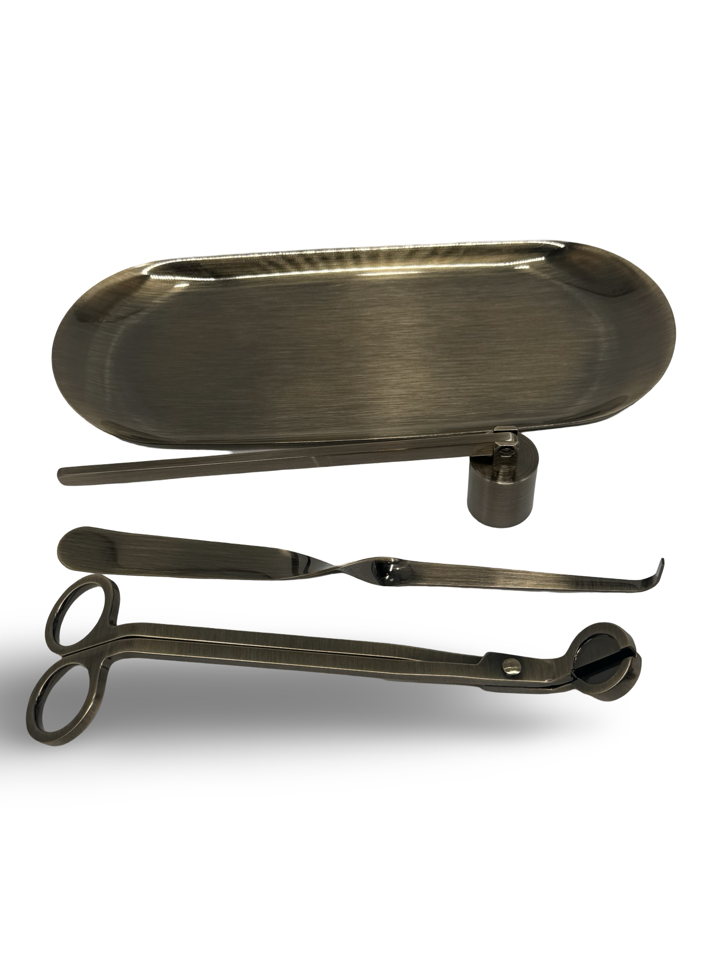 Candle care essentials Australia toolset including a tray, wick trimmer, and snuffer for optimal candle maintenance