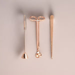 Candle care essentials Australia set featuring wick trimmer, snuffer, and dipper in elegant rose gold