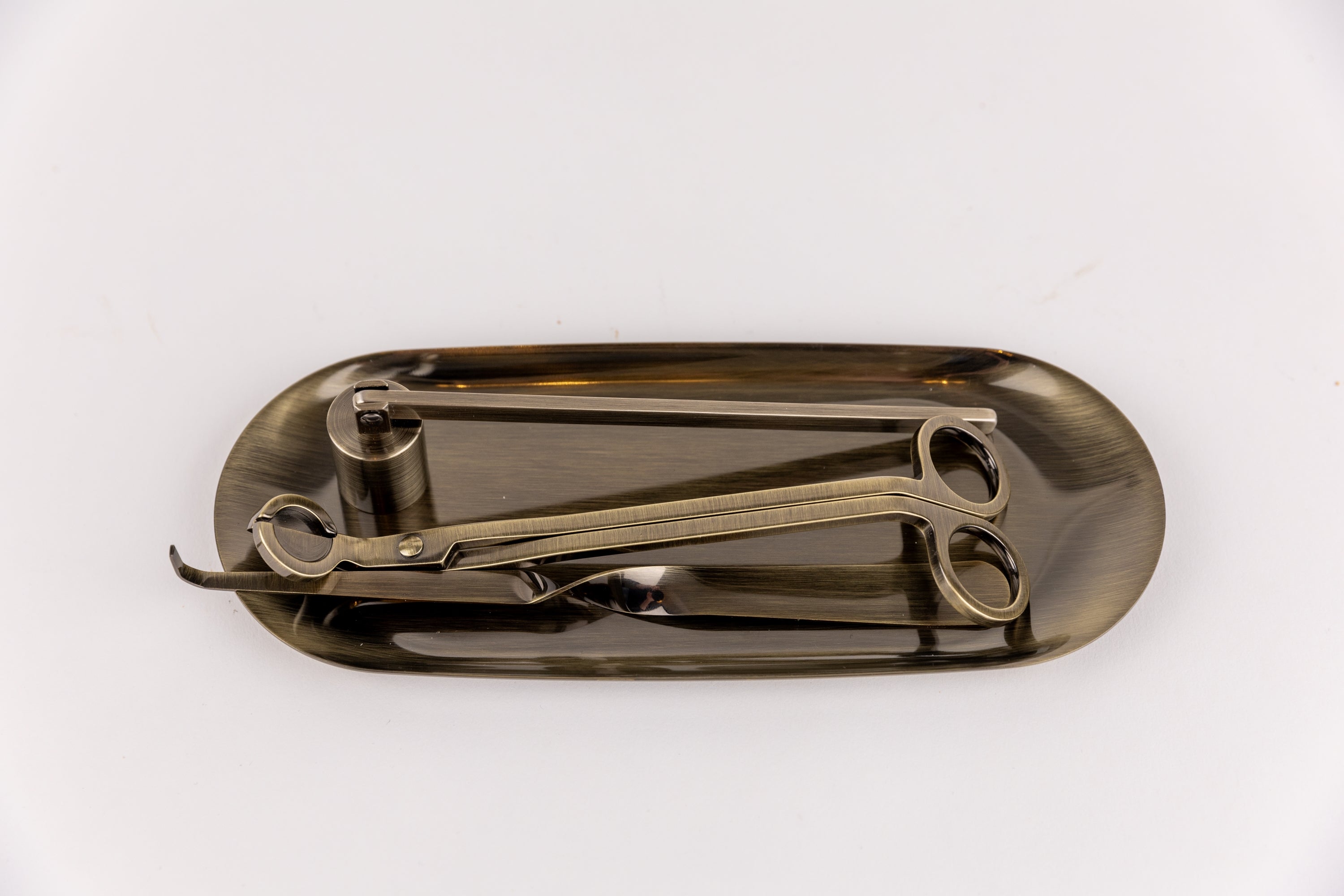 Candle care essentials Australia tool set including wick trimmer and snuffer on a sleek tray