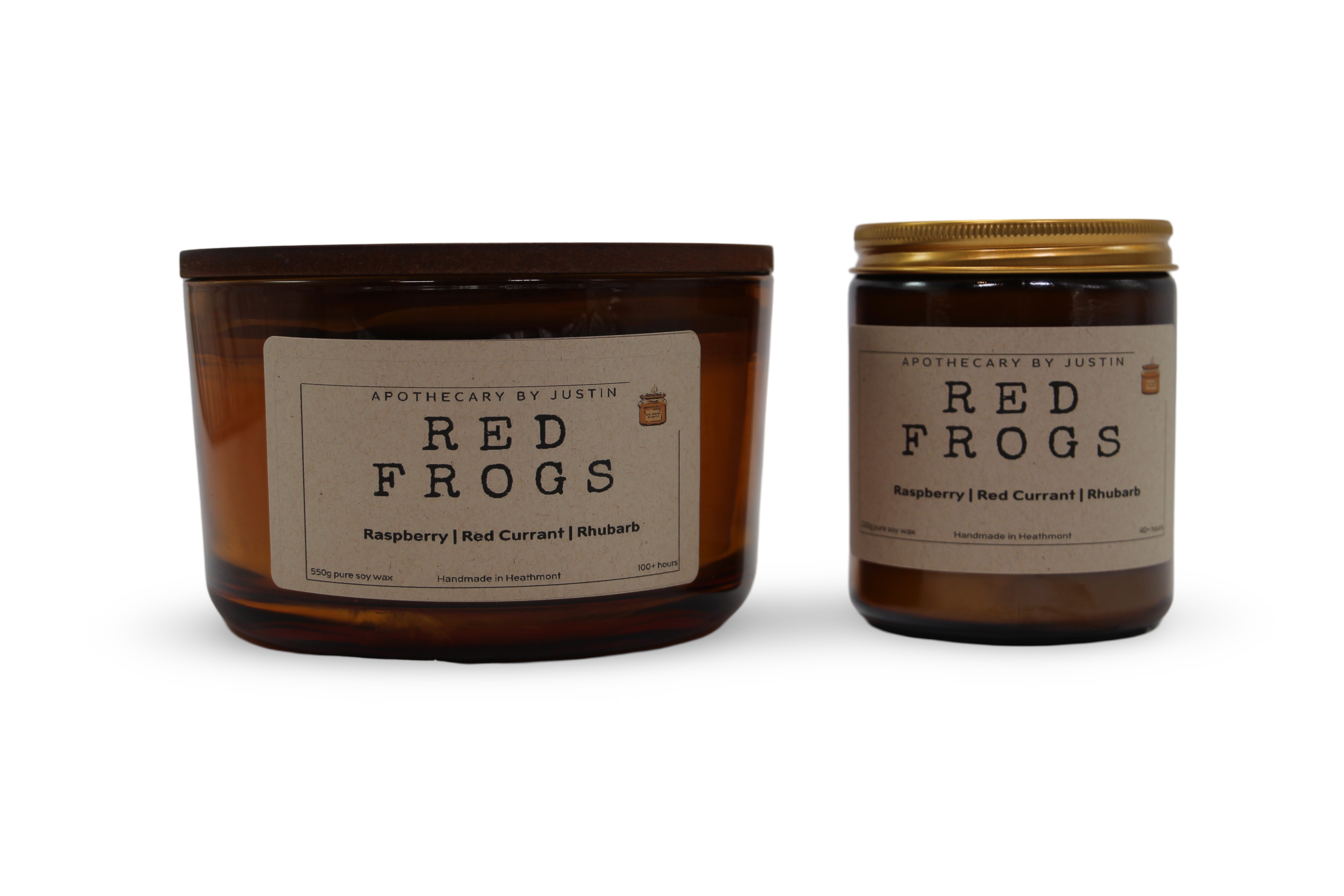 Vegan soy candle raspberry in amber glass jar with elegant label design for a cozy ambiance