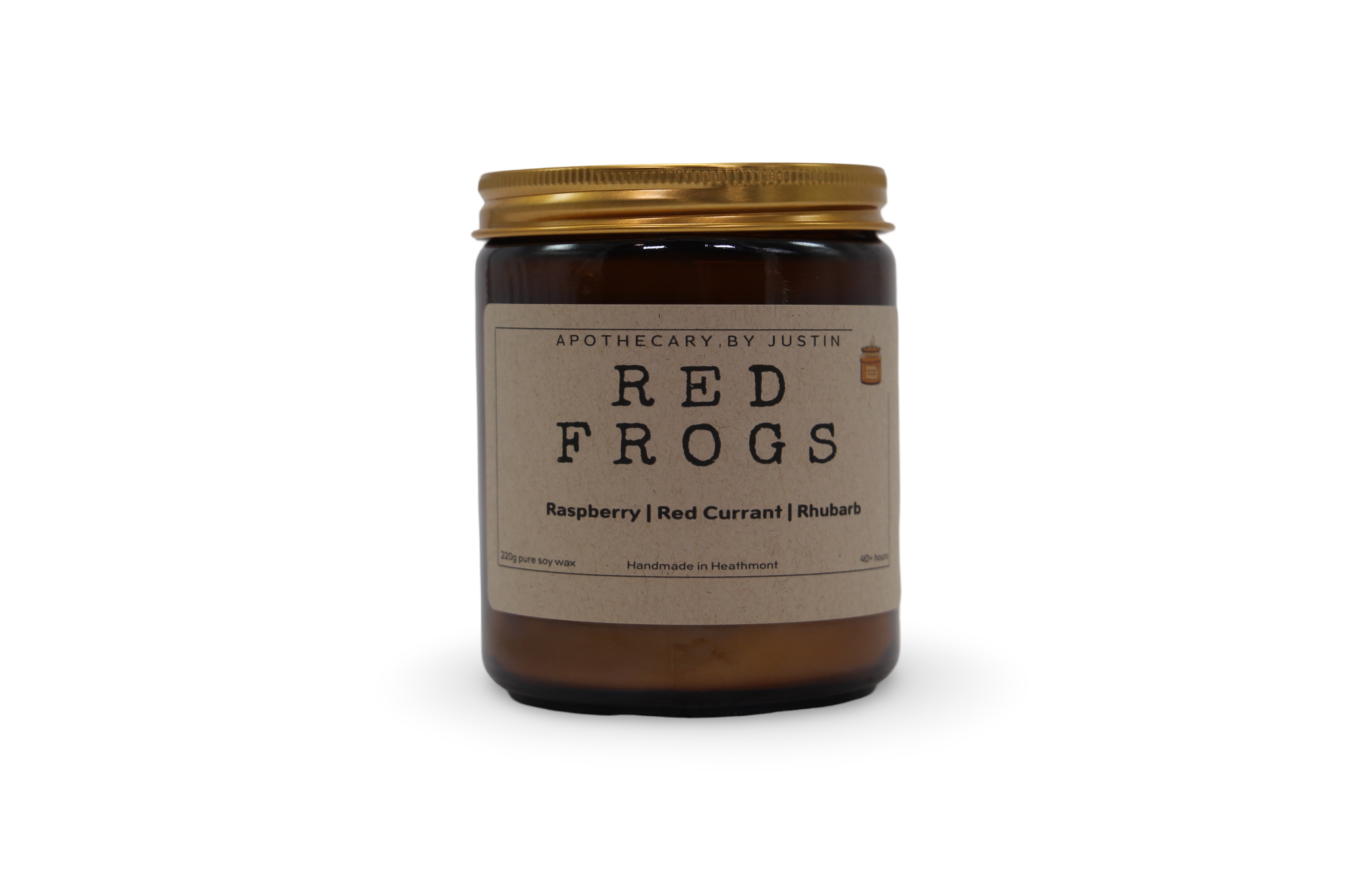 My Store vegan soy candle raspberry in a brown glass jar with a gold lid, featuring raspberry and rhubarb scents