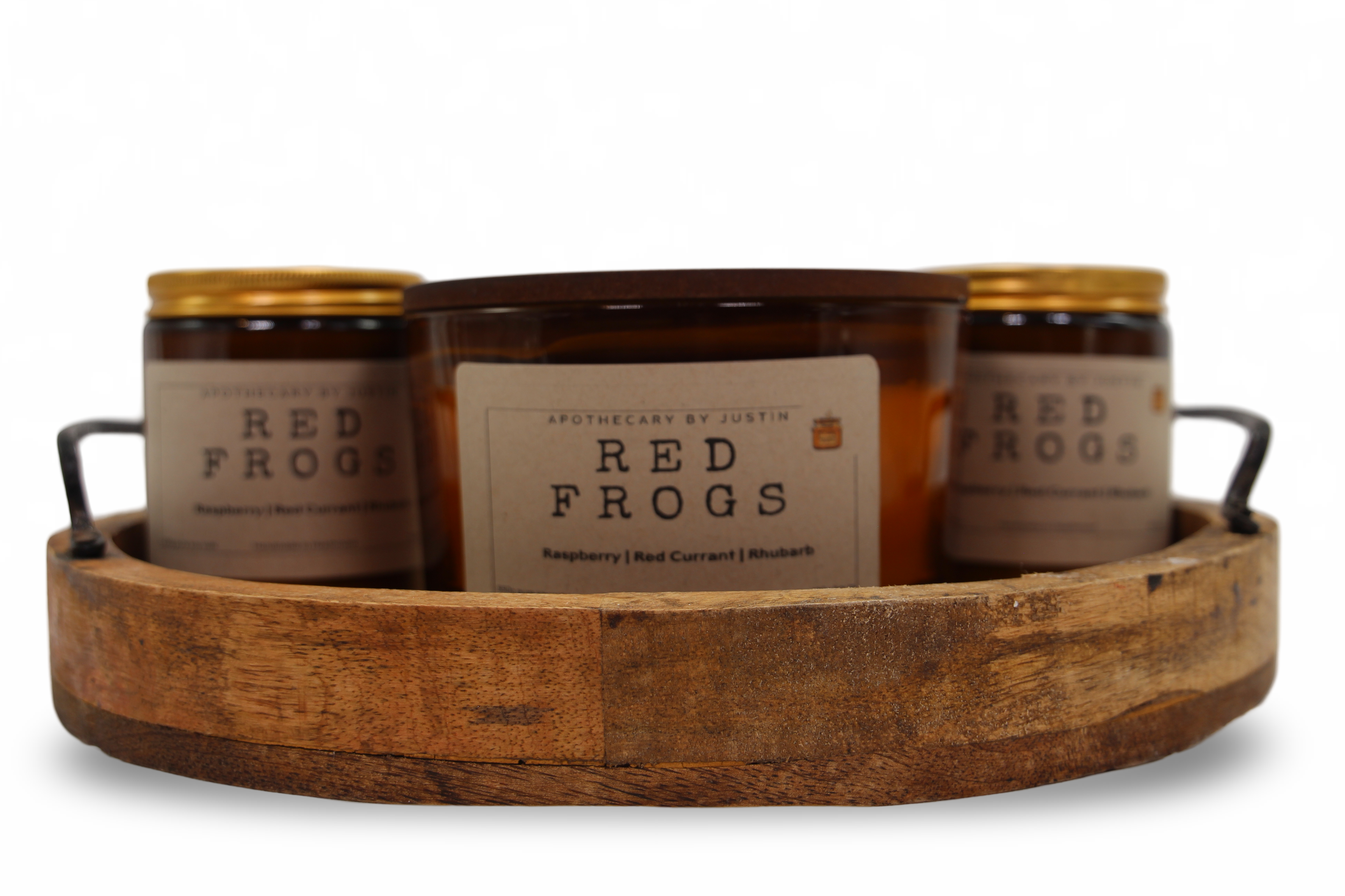 My Store vegan soy candle raspberry in a wooden tray with other candle varieties