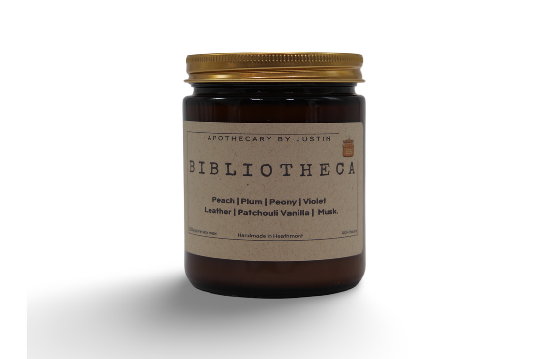 Australian-made Bibliotheca candle in an elegant glass jar