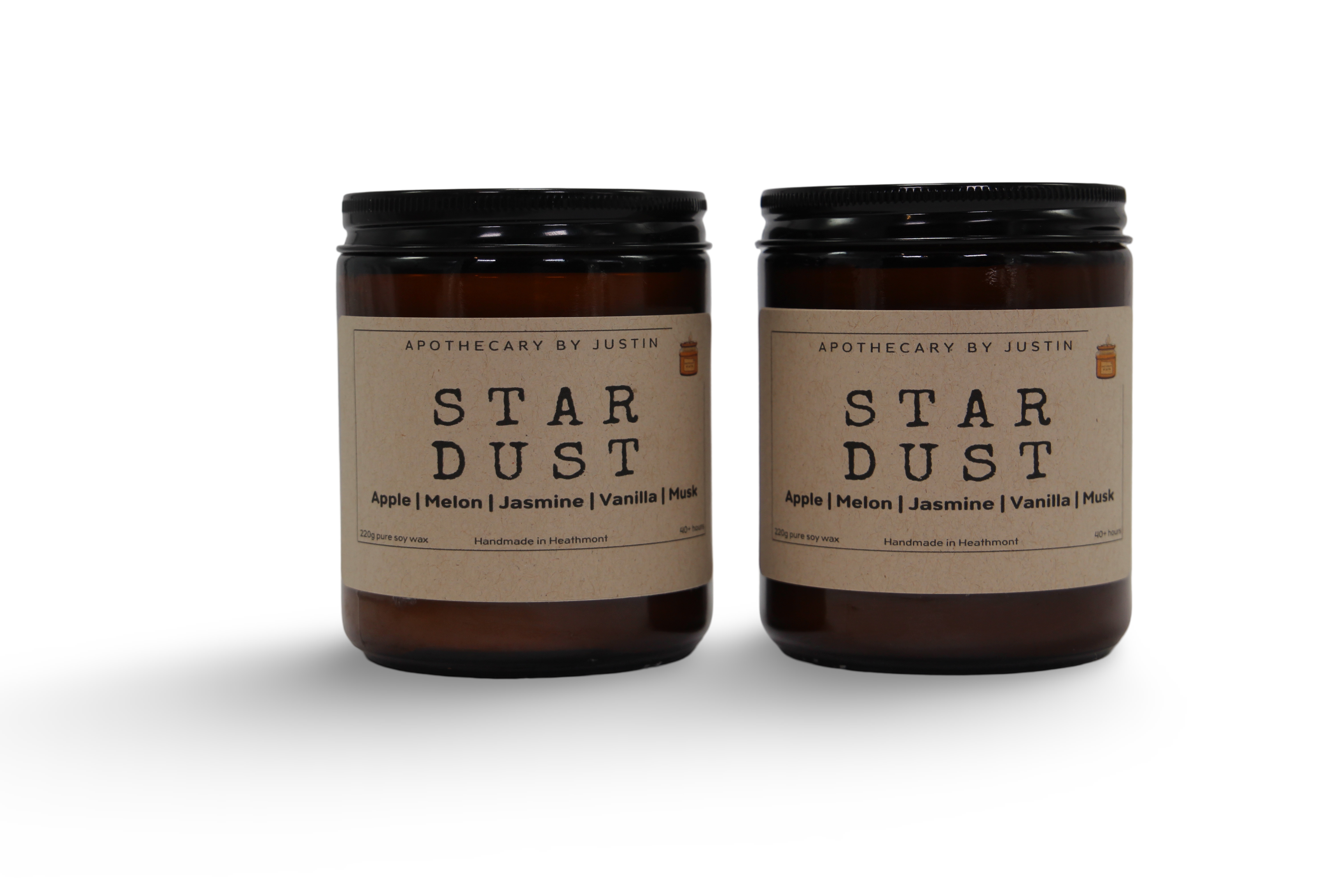 Additive-free candles in two jars labeled Stardust with apple, melon, jasmine, and vanilla fragrances