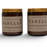 Vanilla candles featuring caramel, tonka bean, and almond, offering additive-free home fragrance.