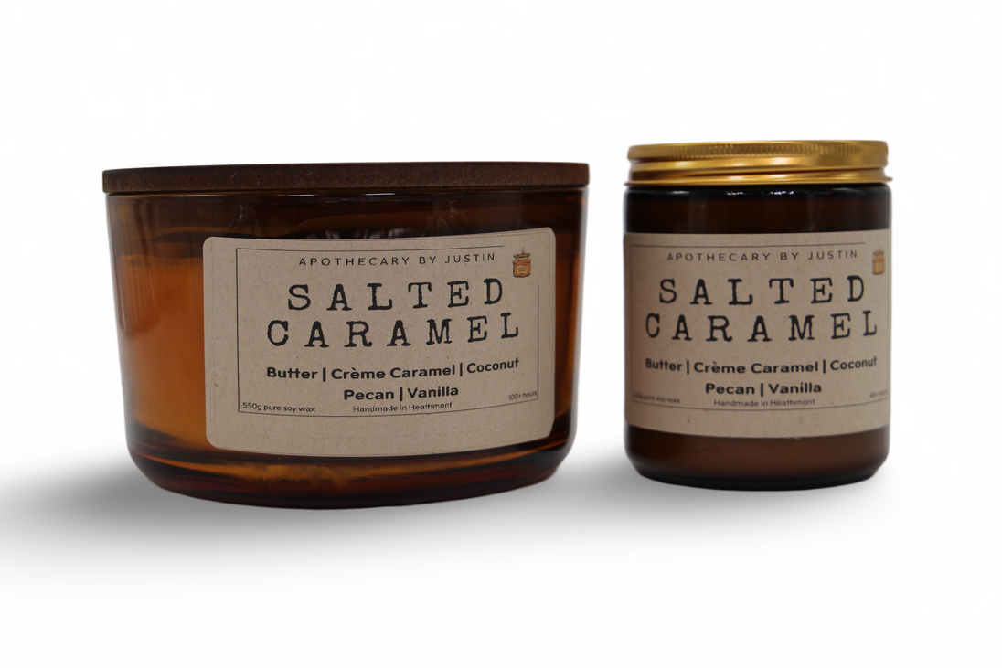 Additive-free soy candle in two sizes, featuring salted caramel scent with warm notes of butter, coconut, pecan, and vanilla