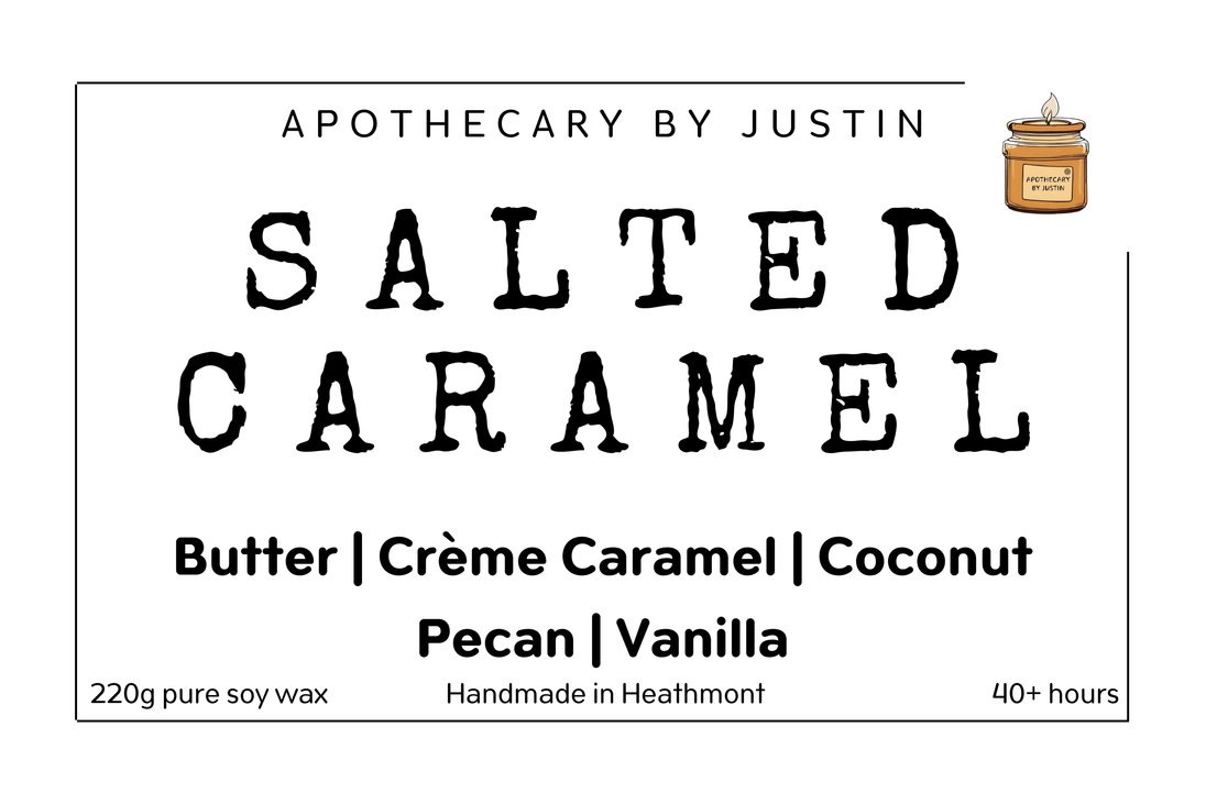 My Store additive-free soy candle in Salted Caramel scent with notes of butter, coconut, and pecan
