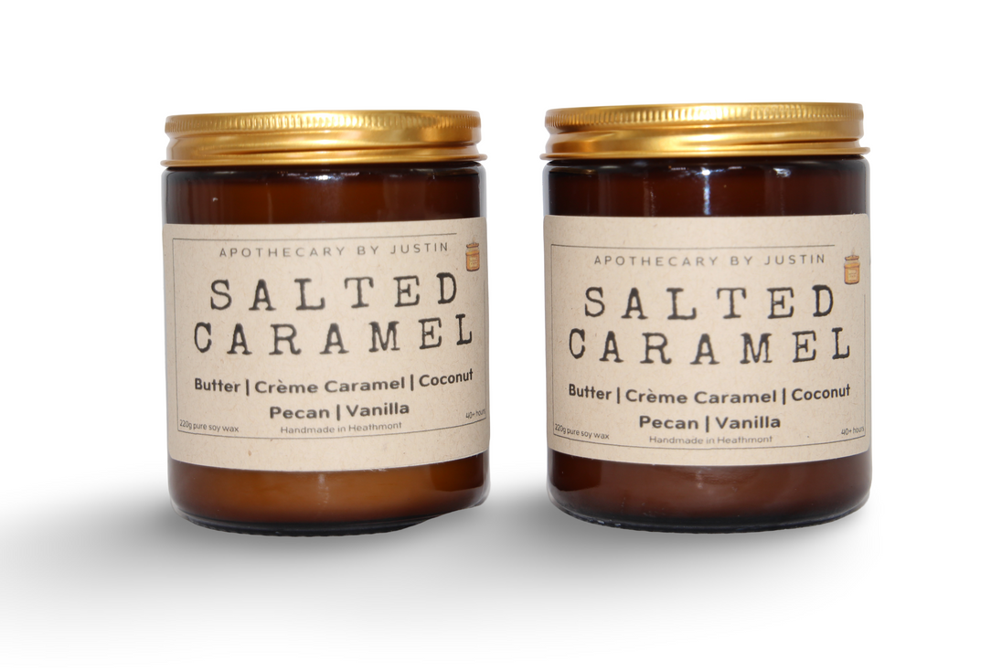 Two Salted Caramel Candles in Amber Jars by My Store, additive-free soy candle with rich buttery, coconut, and vanilla scents