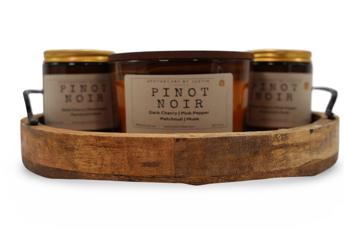 Set of My Store dark cherry fragrance candles in a wooden tray with rustic style