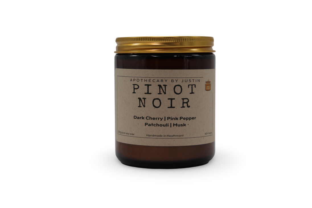 My Store Pinot Noir dark cherry fragrance candle in a stylish brown jar with a gold lid