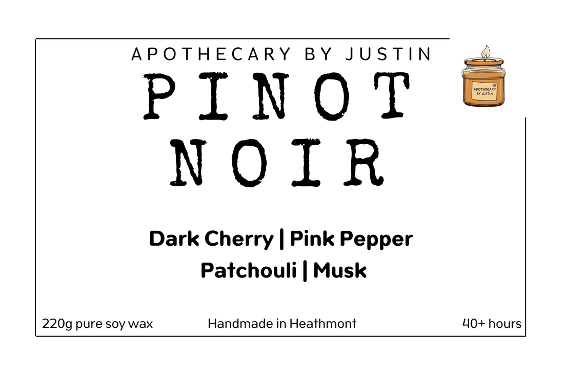 Handmade dark cherry fragrance candle in 220g pure soy wax with notes of pink pepper and musk
