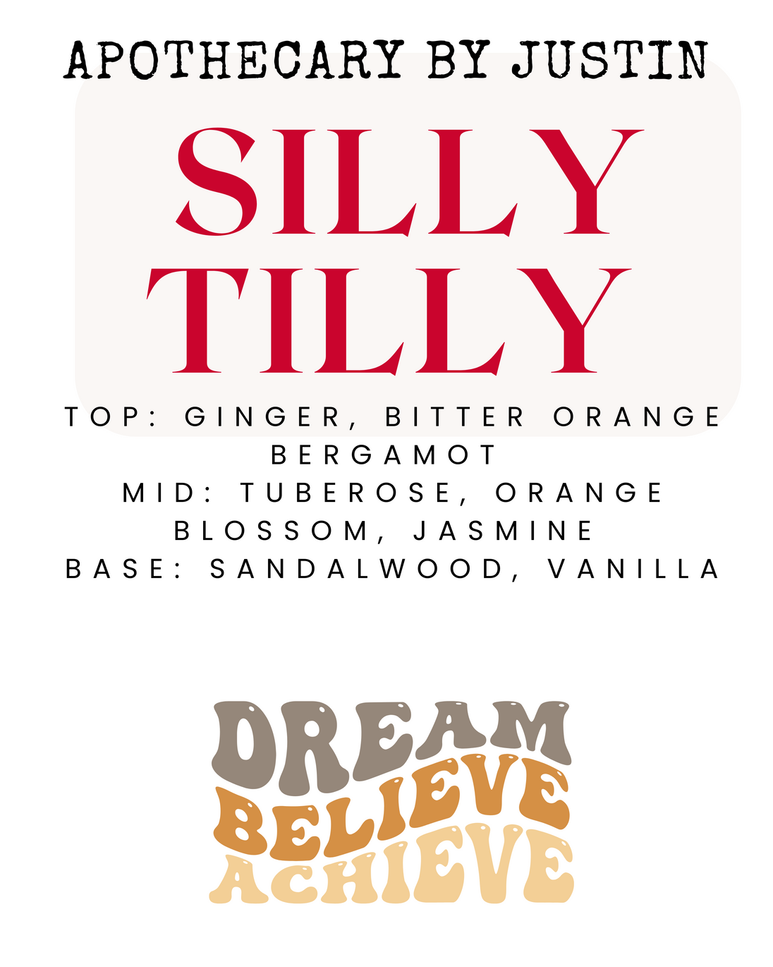 Apothecary by Justin fragrance Silly Tilly with notes of ginger, tuberose, and sandalwood