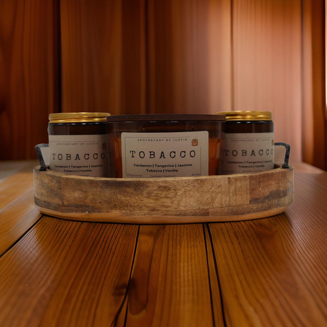 My Store hand-poured aroma candle collection in a wooden tray with Tobacco scent
