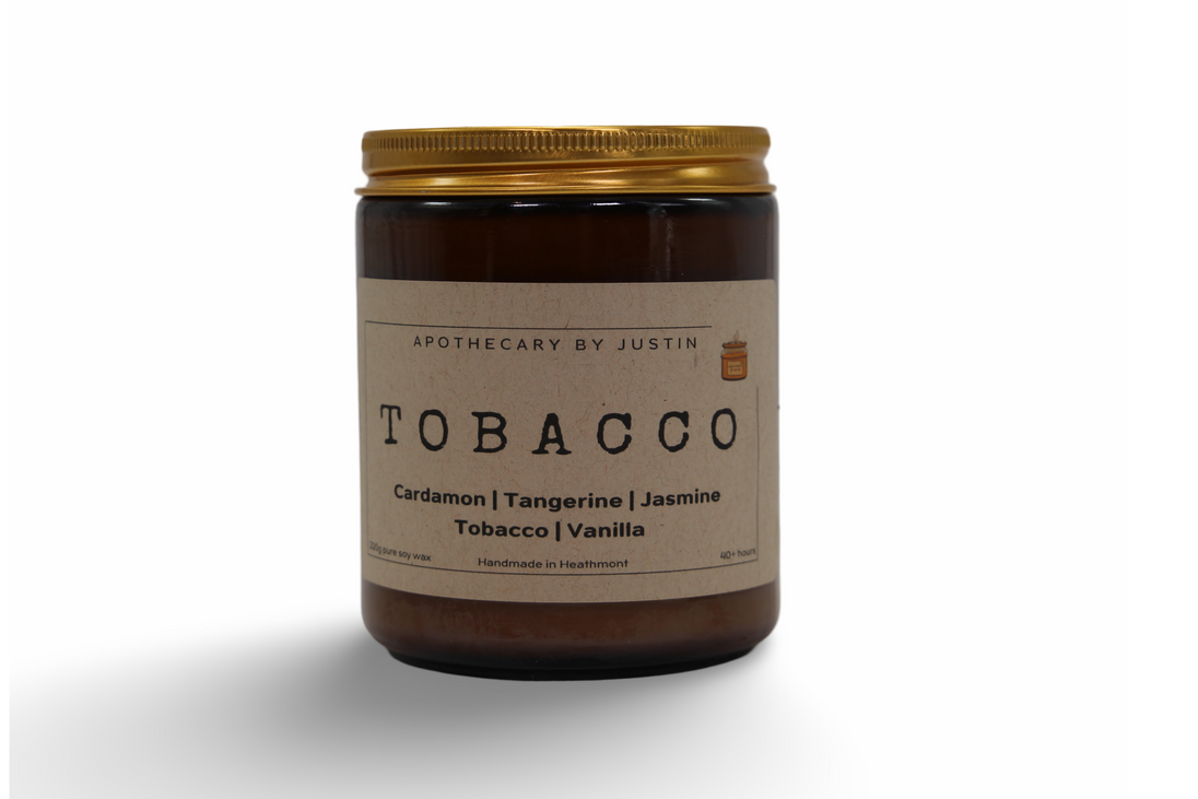 My Store hand-poured aroma candle in Tobacco scent with notes of Cardamom, Tangerine, and Vanilla