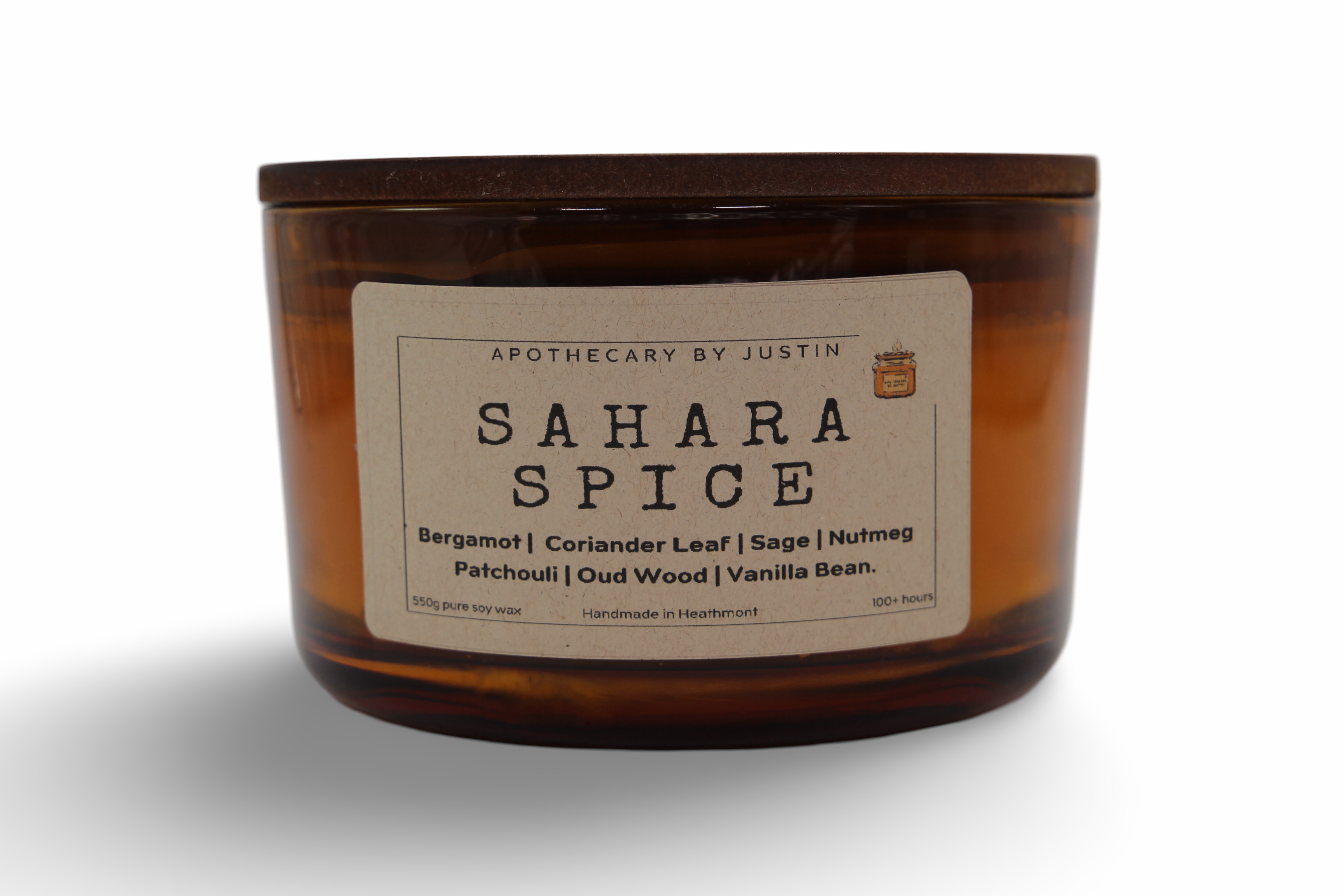 Hand-Poured Aromatherapy Candle in Amber Jar with Sahara Spice Scent featuring notes of Bergamot and Vanilla Bean