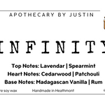 My Store handcrafted candles Australia, featuring Infinity scent with lavender, cedarwood, and patchouli notes