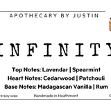 My Store handcrafted candles Australia, featuring Infinity scent with lavender, cedarwood, and patchouli notes