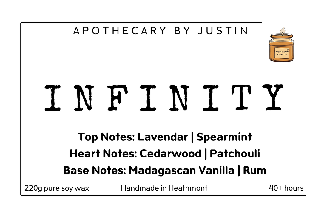 My Store handcrafted candles Australia, featuring Infinity scent with lavender, cedarwood, and patchouli notes
