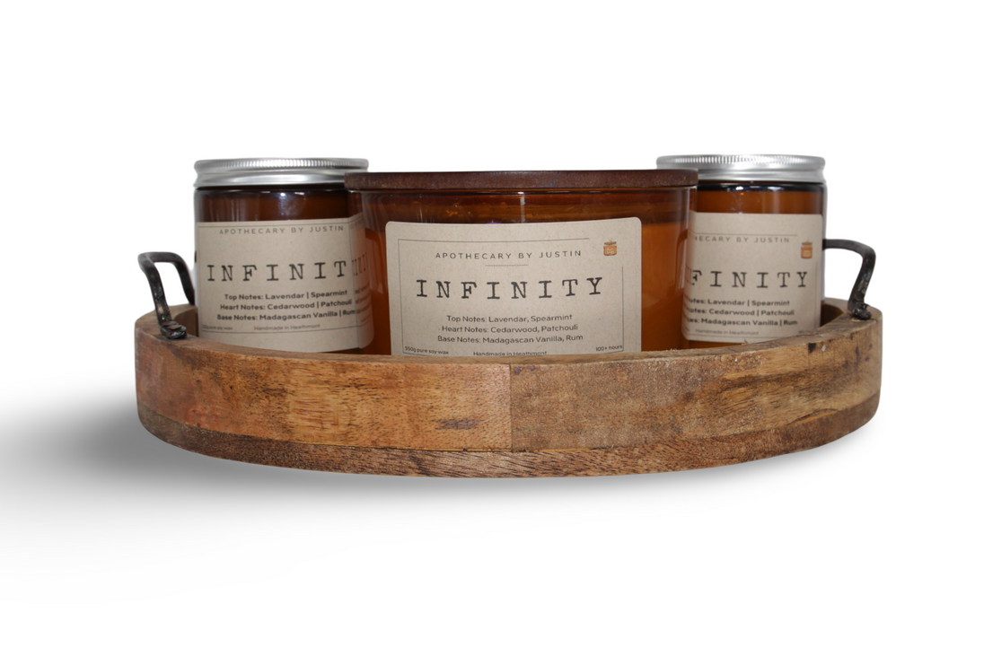 Set of handcrafted candles Australia in amber jars on a wooden tray with labels for home decor