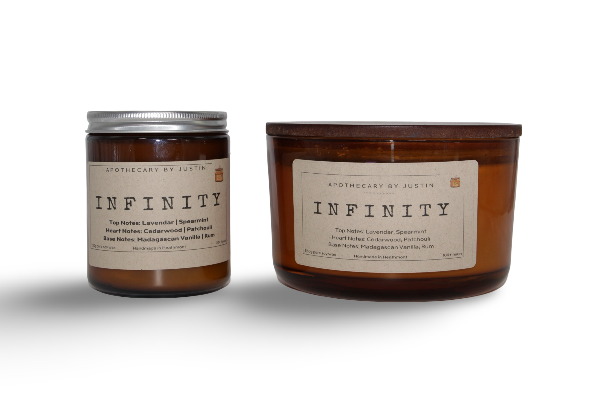 My Store handcrafted vegan candle set featuring Infinity scent in amber glass jars