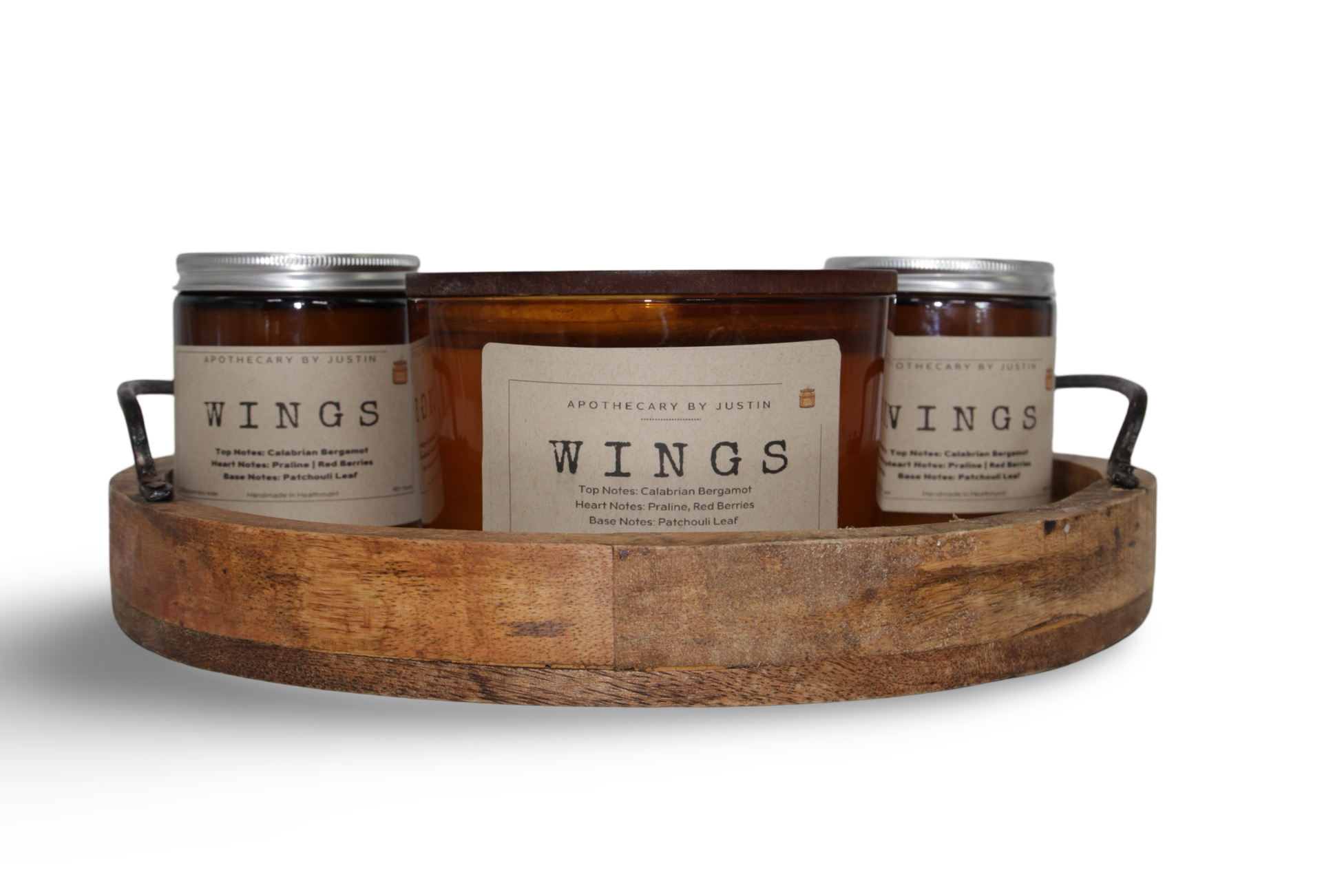 My Store handcrafted vegan candle set in a wooden tray, featuring natural scents and eco-friendly materials