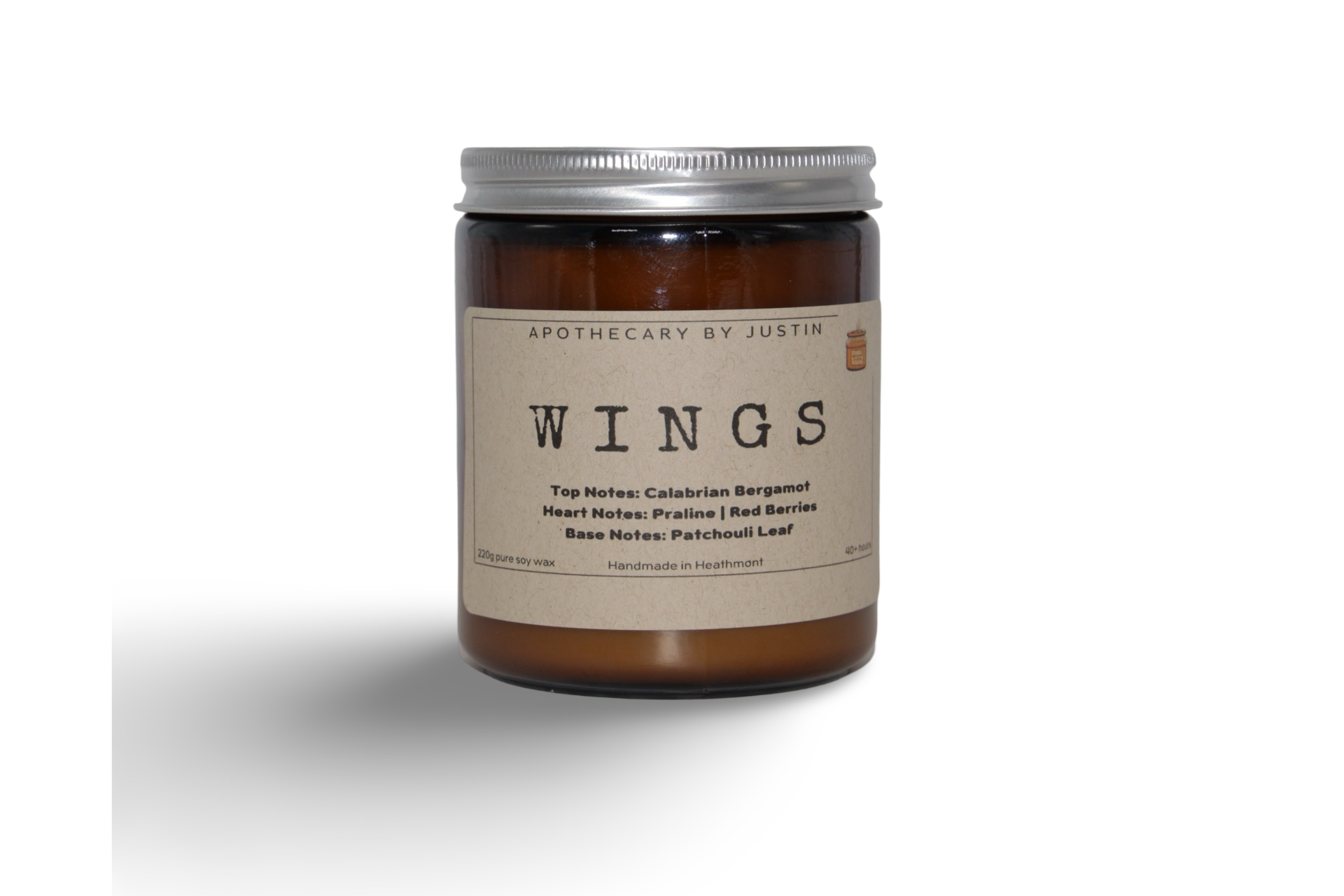 My Store handcrafted vegan candle named Wings in a glass jar with notes of bergamot and patchouli