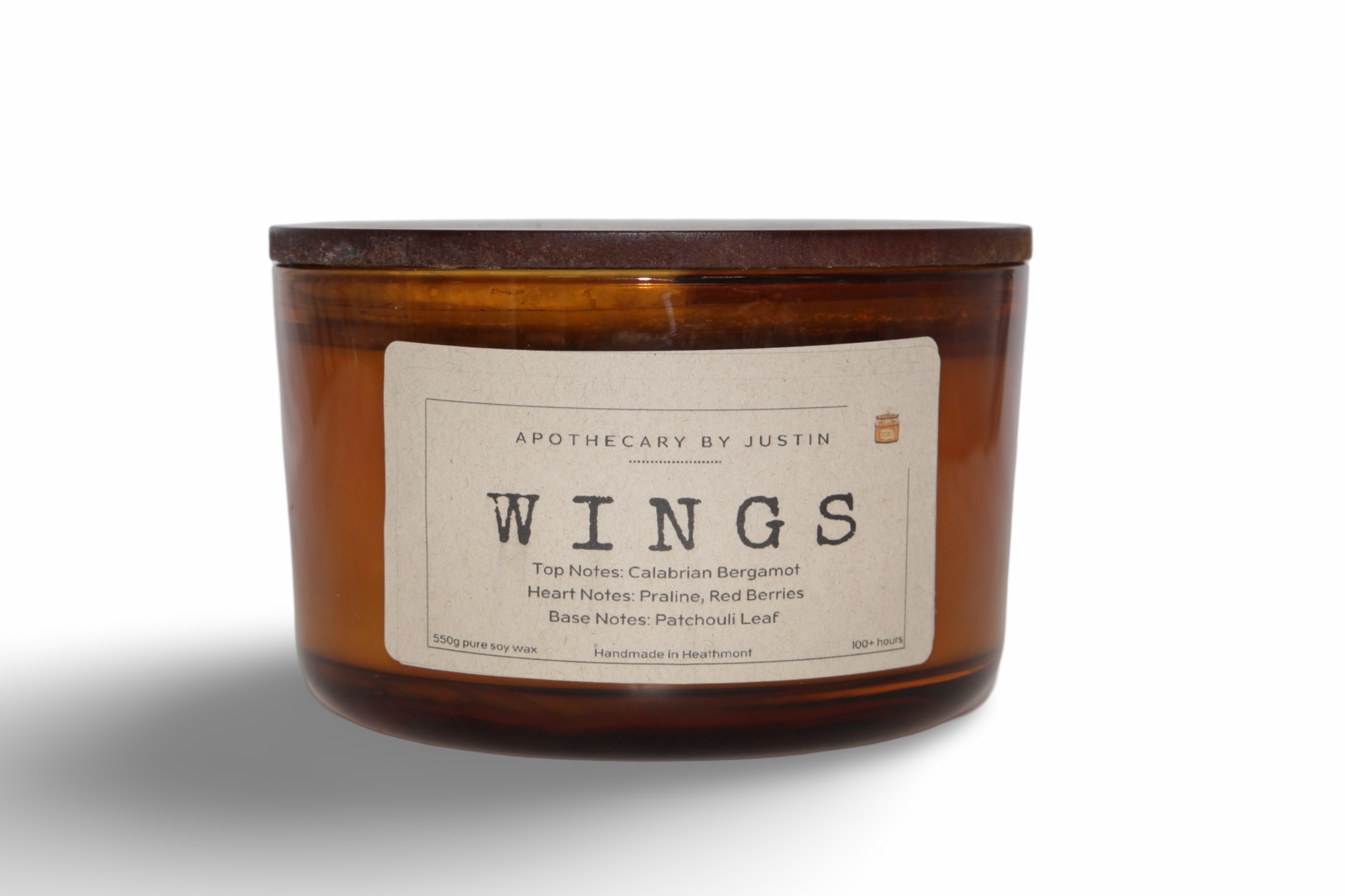 My Store handcrafted vegan candle in amber jar with Wings scent and earthy notes