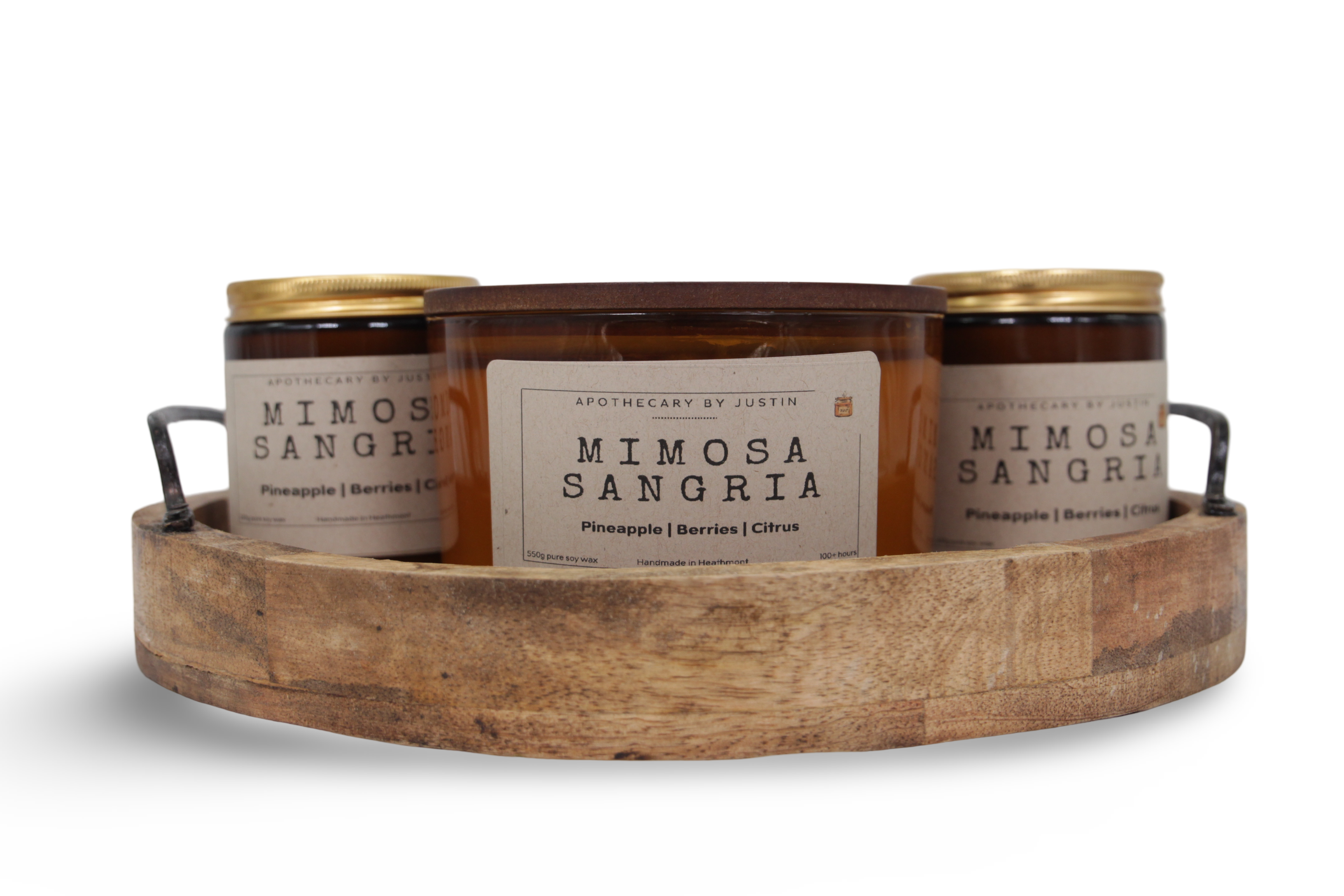 Mimosa Sangria candle online with notes of pineapple, berries, and citrus in a decorative wooden tray