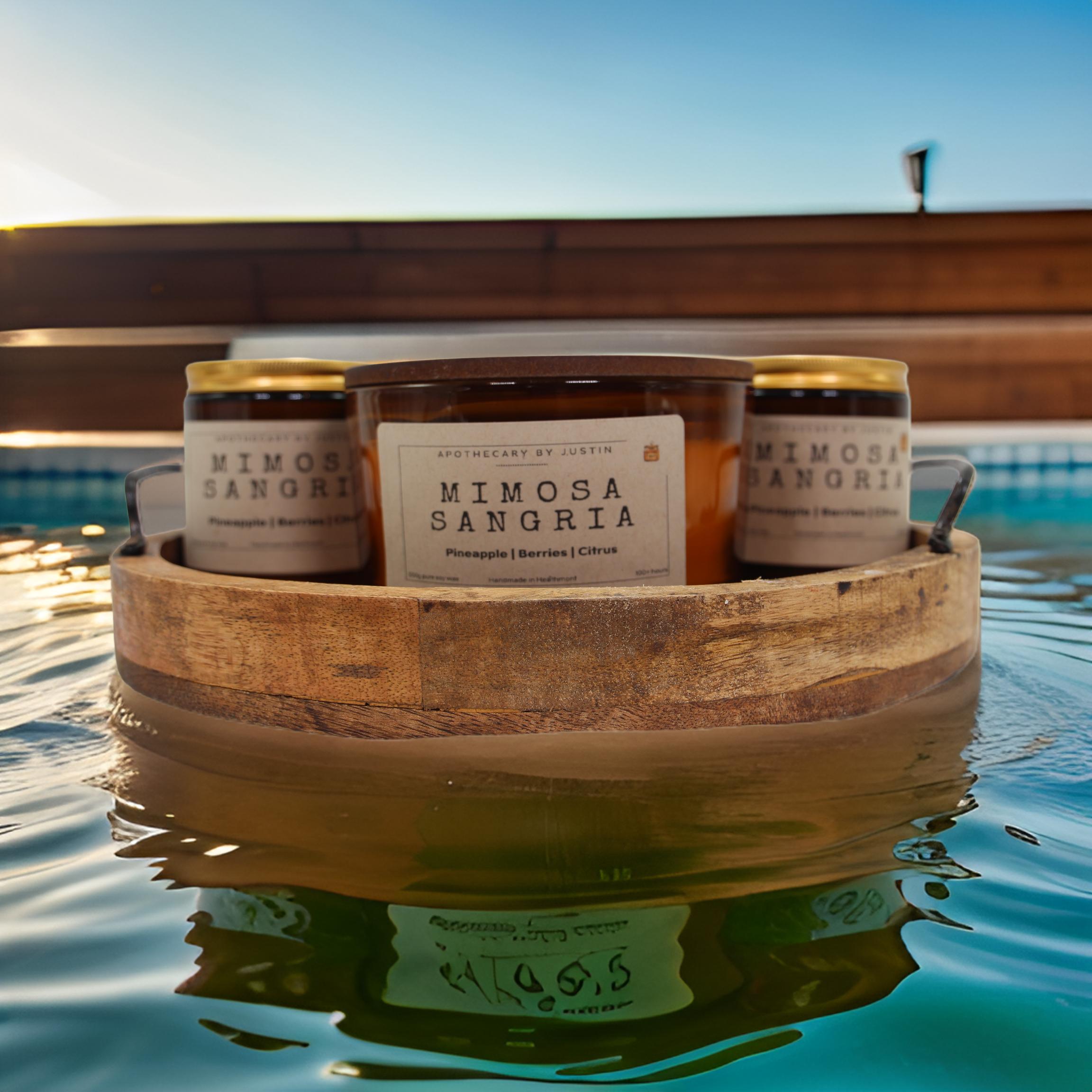 Mimosa Sangria candle online with fruity scents of pineapple, berries, and citrus in a rustic wooden holder