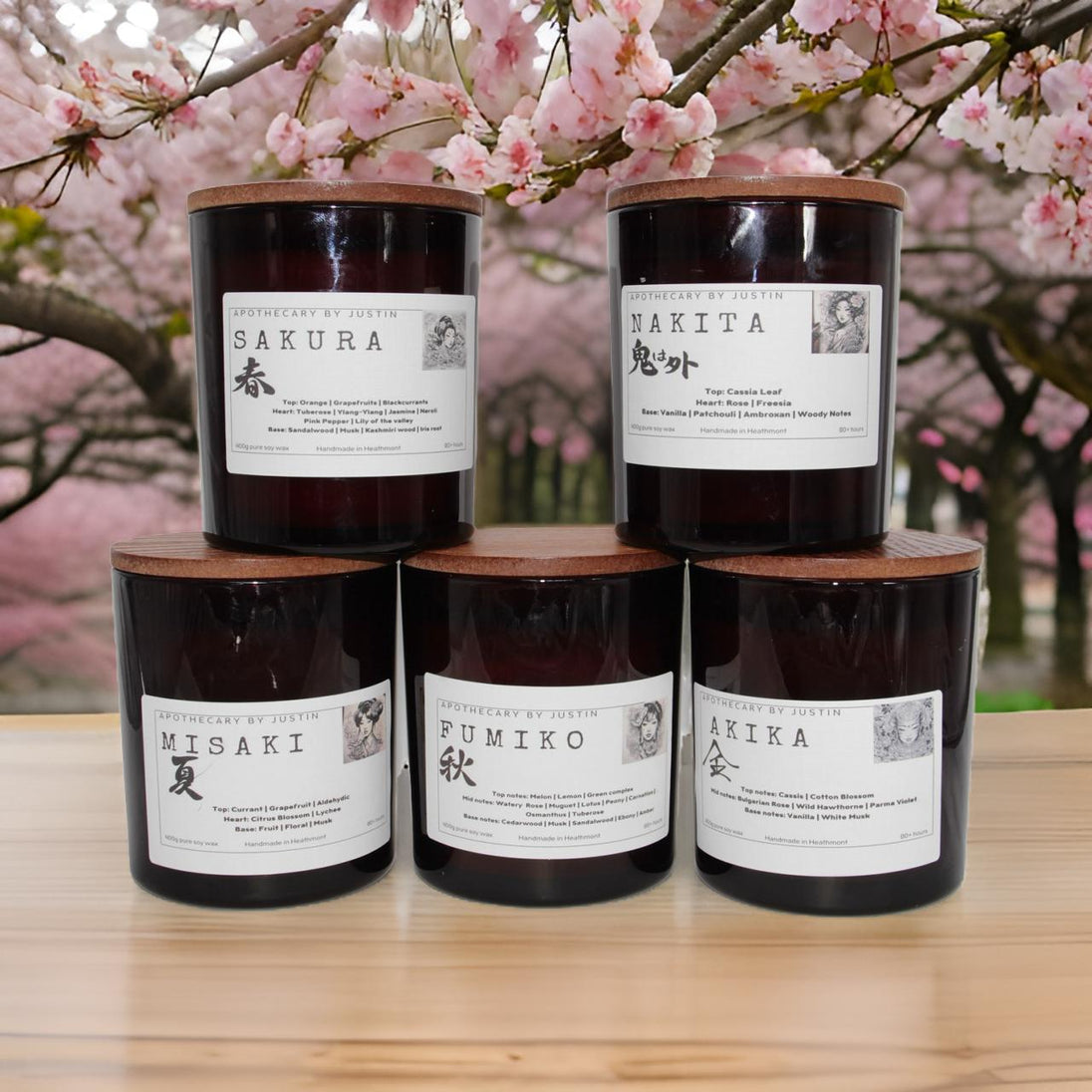 My Store prosperous scented candle collection featuring five unique fragrances with elegant wooden lids