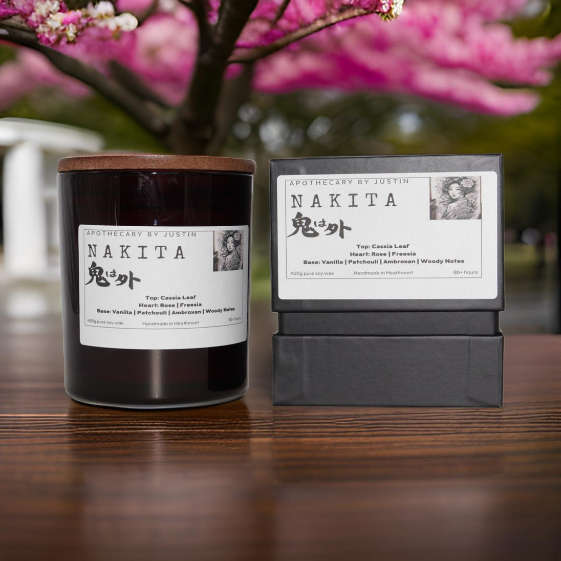 Prosperous scented candle in a stylish container with a wooden lid and elegant packaging